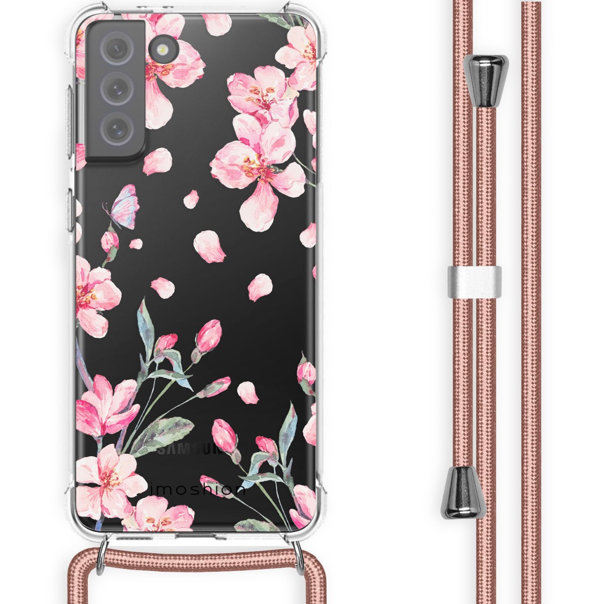 Smartphone in doorzichtige hoes met roze bloemdesign, met roze koord. Zwarte achtergrond.