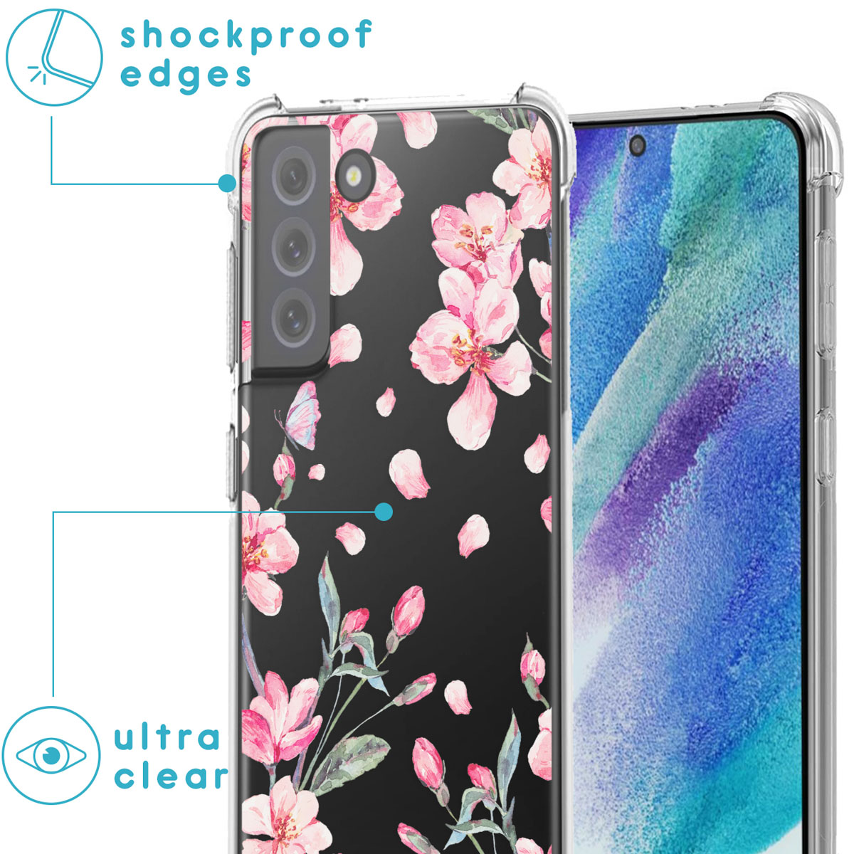 Transparante telefoonhoes met roze bloemen op zwart. Schokbestendige randen en ultraheldere functies worden benadrukt.