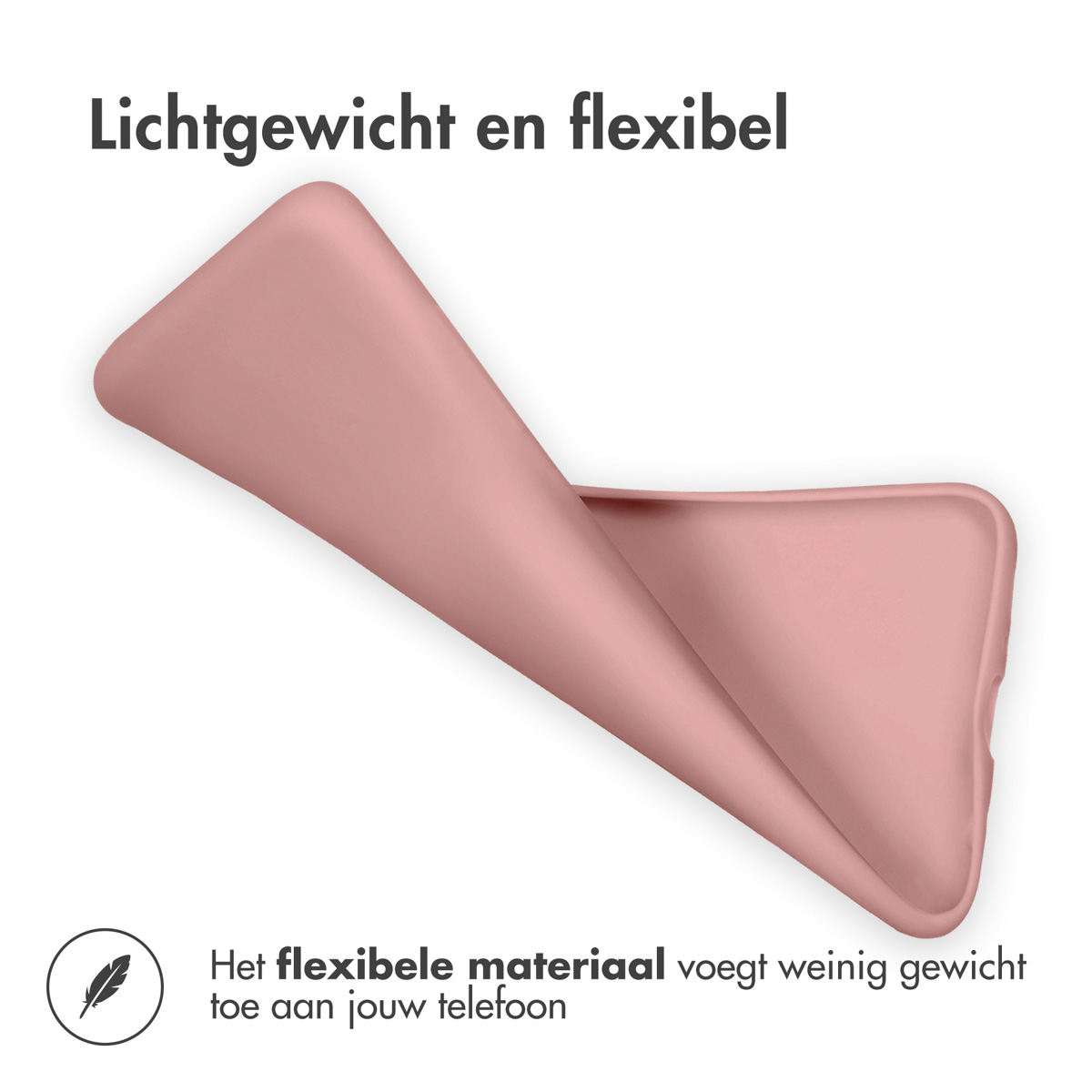 Een roze telefoonhoesje met de tekst 'Lichtgewicht en flexibel' en een veerpictogram.