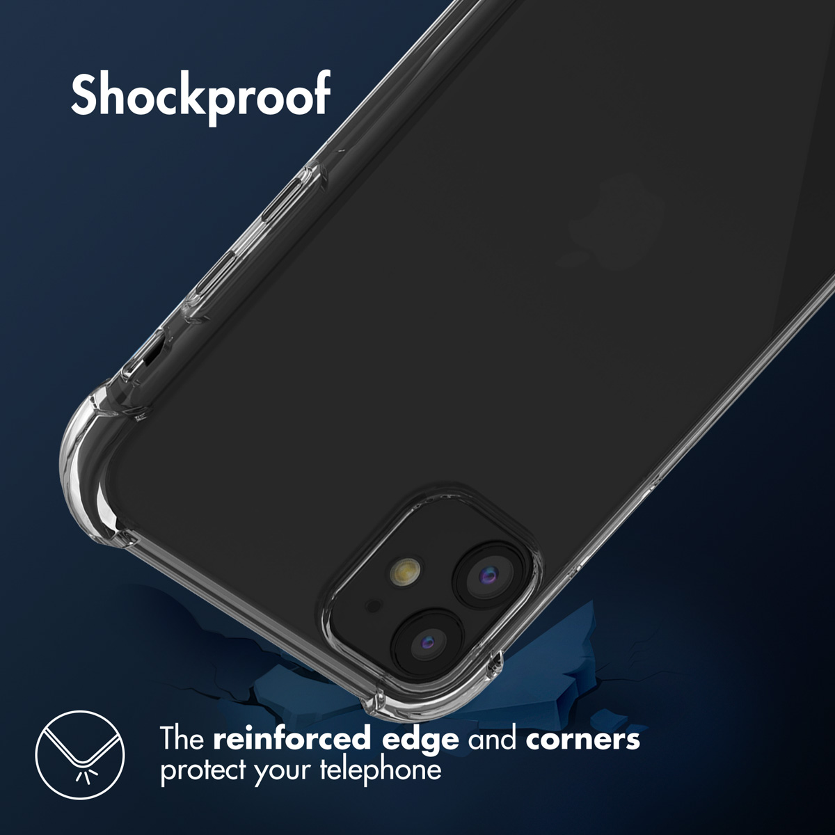 Clear phone case on a phone. The case is shockproof, with reinforced edges and corners to protect the phone.