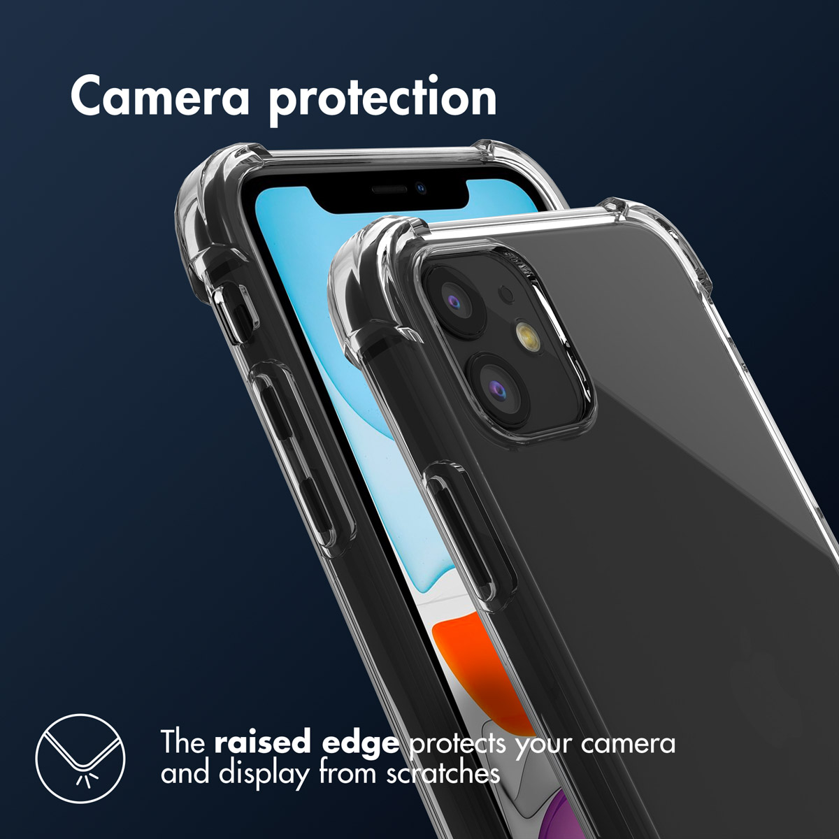 Clear phone case protects the phone camera. Blue background, phone in the case.