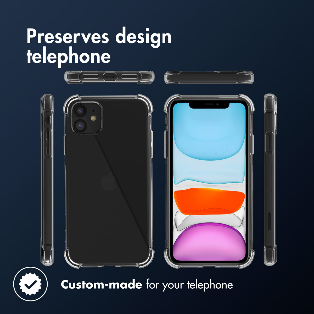 Phone in a clear case, with multiple views. Shows the phone's design and case fit.