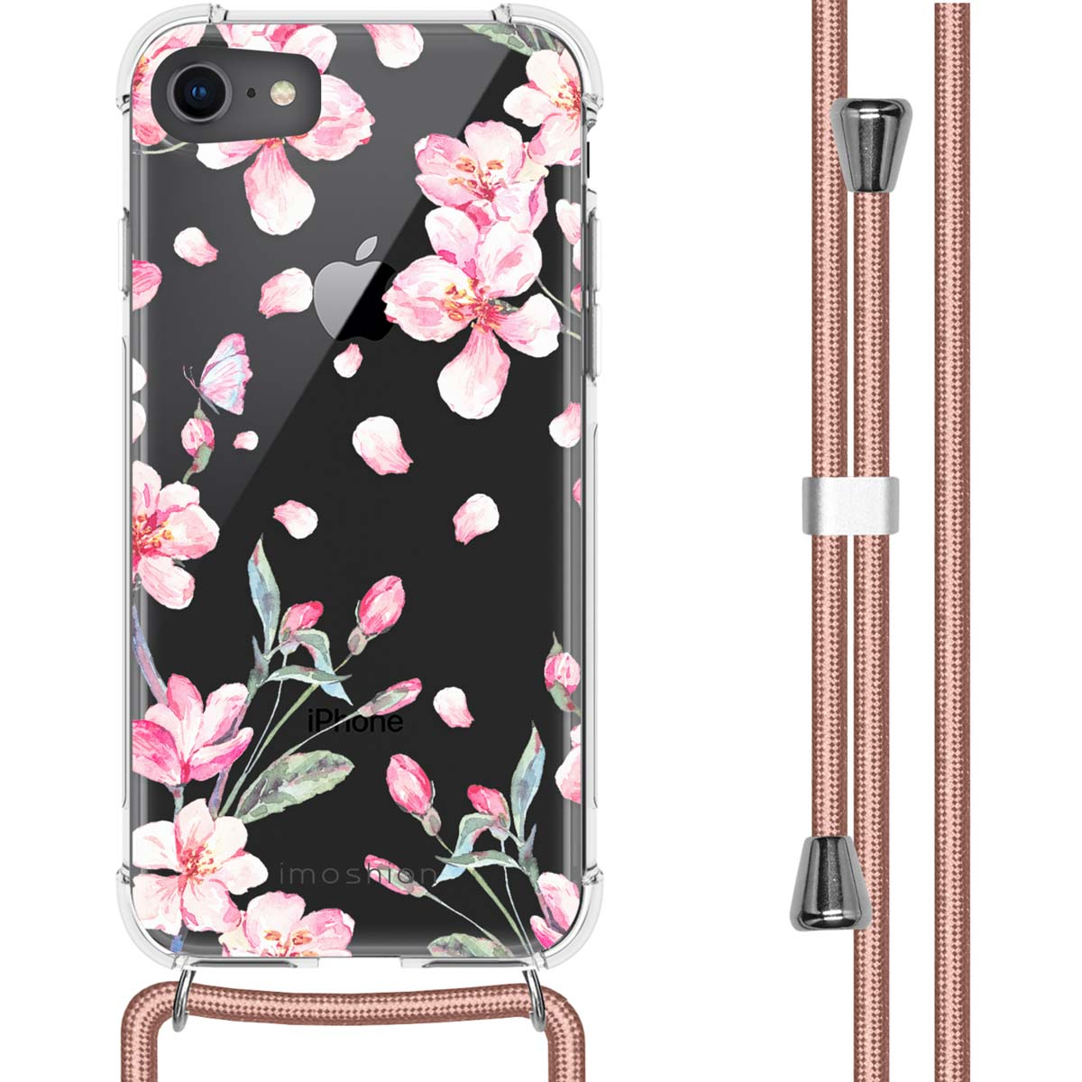 Transparante telefoonhoes met een roze bloemenontwerp en een roze koord. iPhone zit in de hoes.