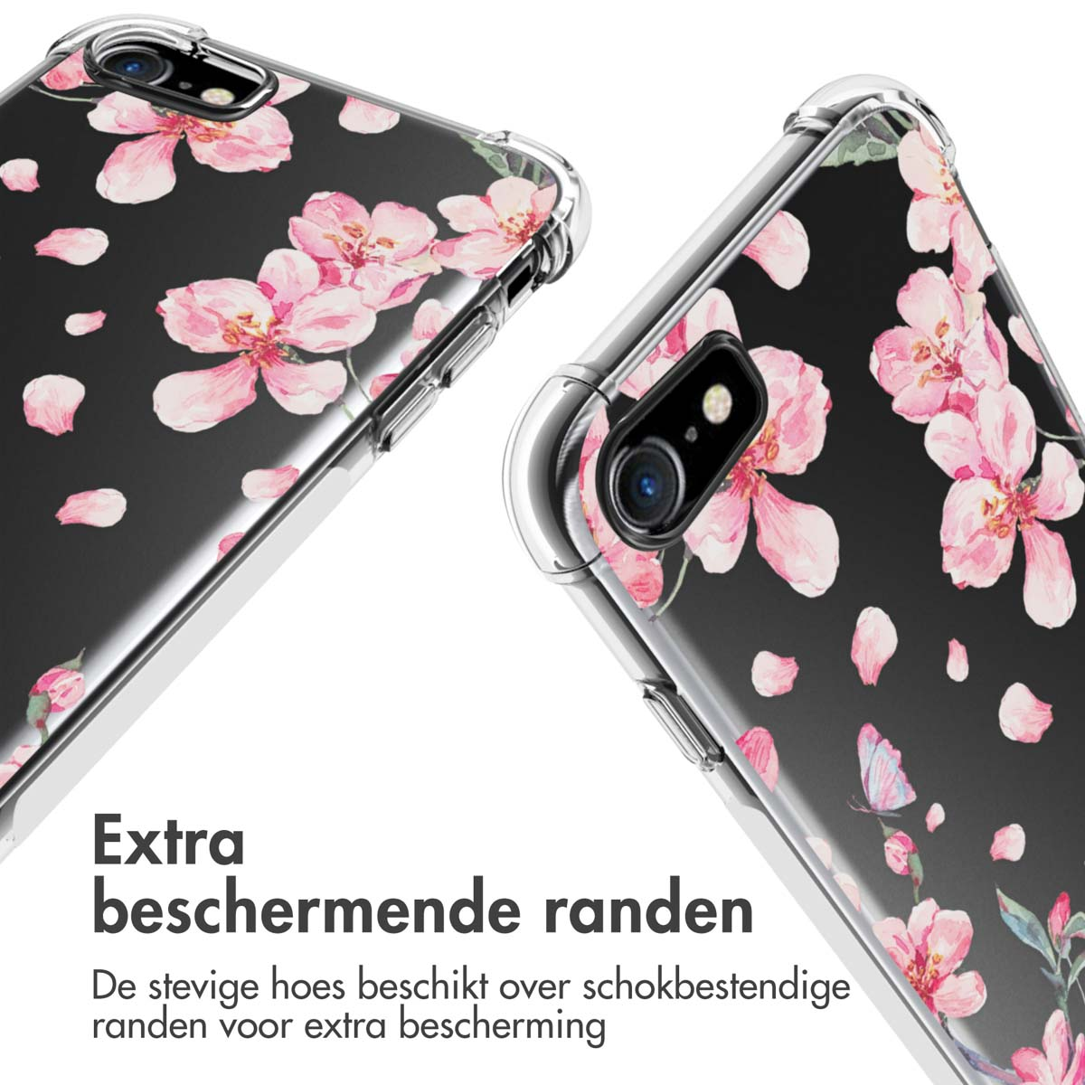 Twee transparante telefoonhoesjes met roze bloemenpatroon. Eén hoesje staat in een hoek en toont een telefoon.