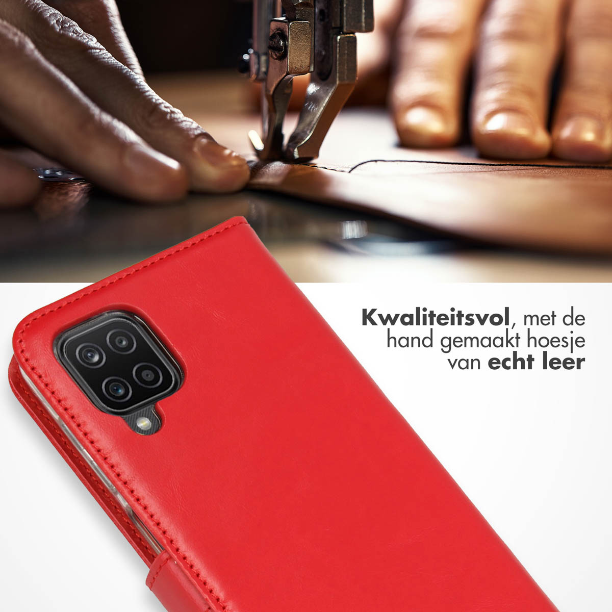 Red leather phone case with a camera. Hands sewing leather in the background.