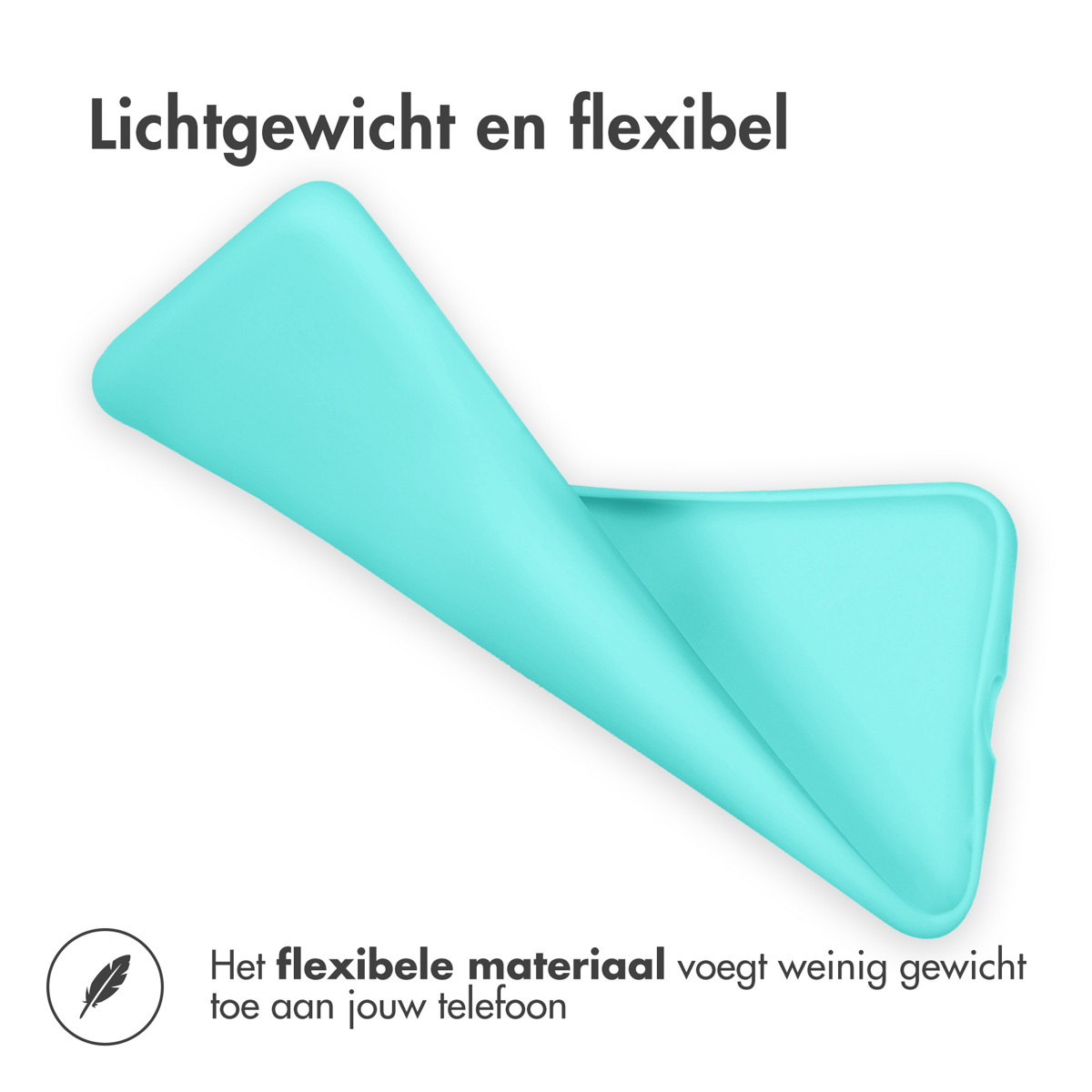 Een flexibele turquoise telefoonhoes, gebogen om de flexibiliteit te tonen. De tekst zegt Lichtgewicht en flexibel.