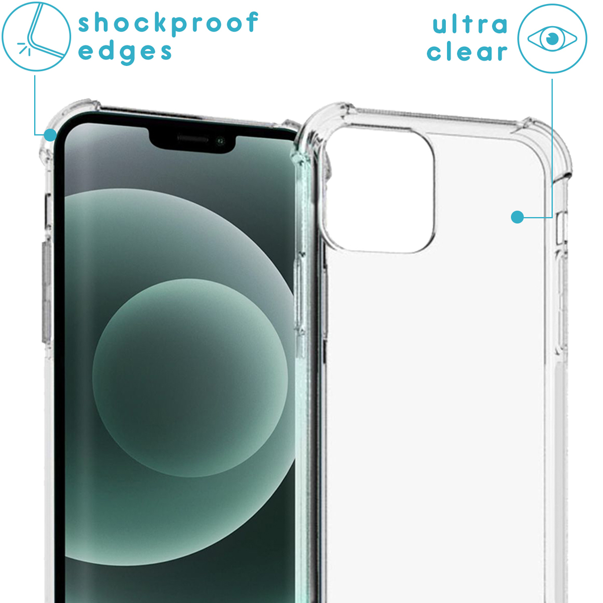 Een telefoon met een doorzichtig hoesje, met het scherm en de randen van het hoesje. Benadrukt schokbestendige randen.