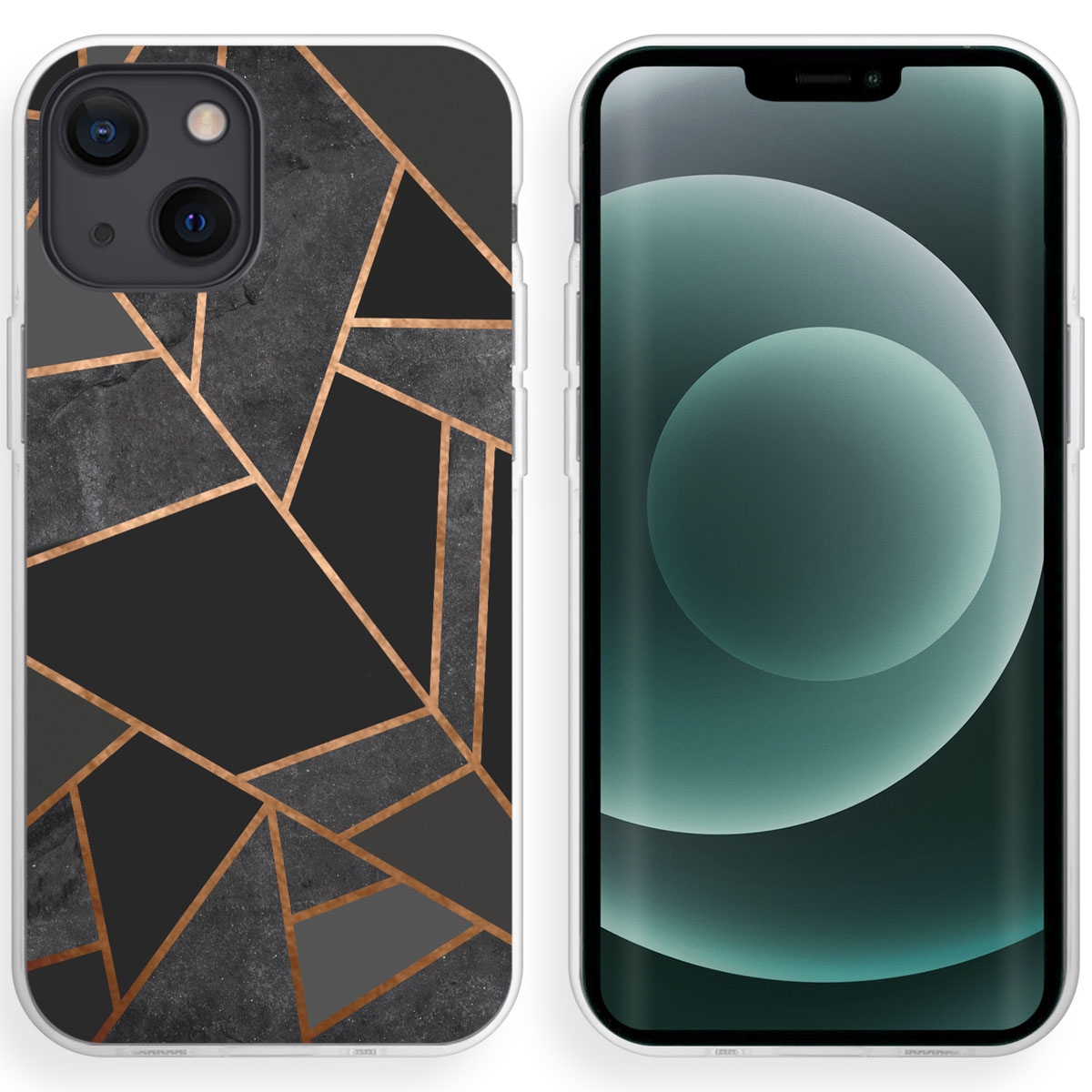 Deux téléphones, un avec une coque à motifs, l'autre affichant l'écran.