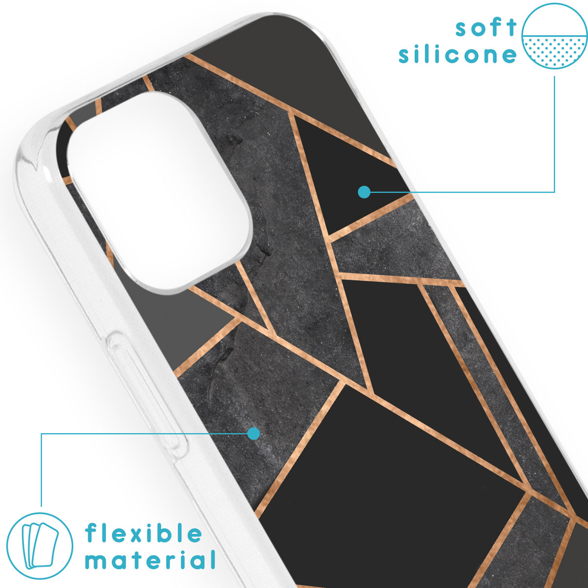 Coque de téléphone avec un design géométrique. Noir, gris et or. Silicone souple et matériau flexible.
