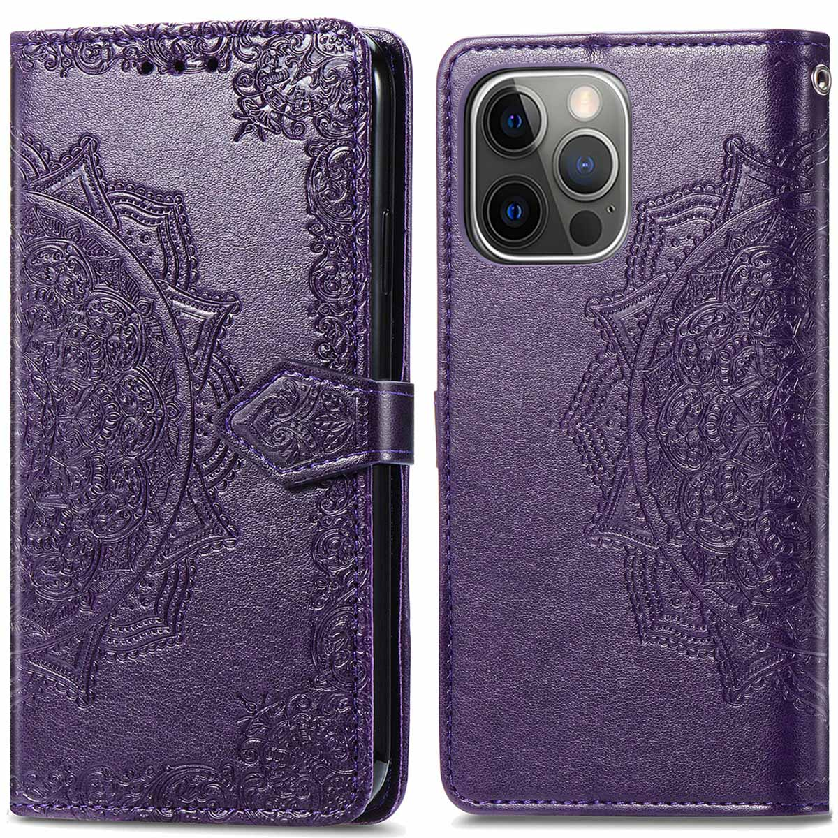 Paarse telefoonhoes met mandala-ontwerp. Het is een hoesje in portemonnee-stijl met een magnetische sluiting. De hoes is open om de binnenkant te laten zien.