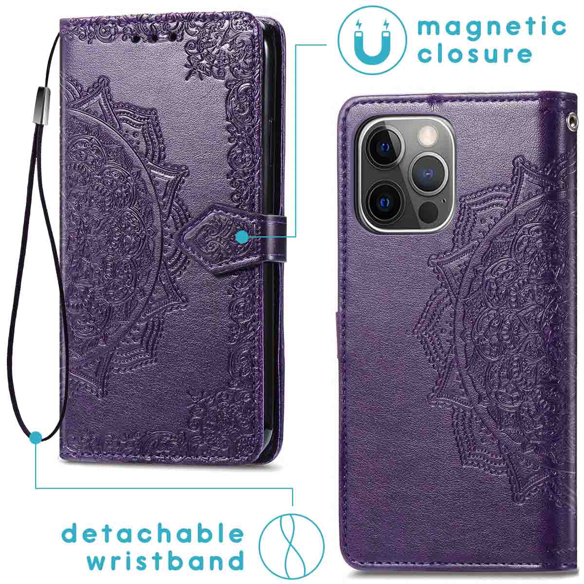 Paarse telefoonhoes met reliëfpatroon, magnetische sluiting en afneembare polsband. Telefooncamera zichtbaar. Hoes is open en gesloten.