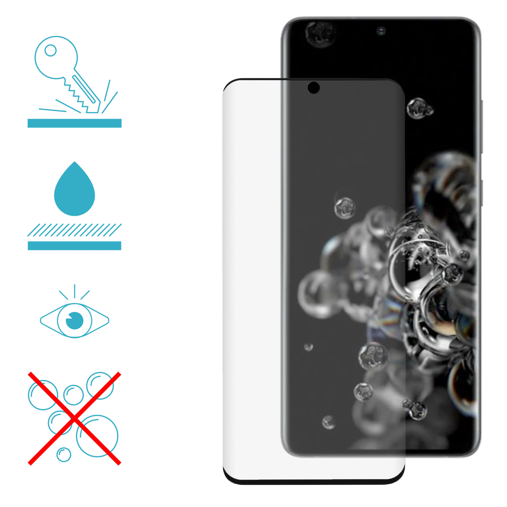 Telefoon screenprotector met iconen: krasbestendig, waterdicht, helder zicht, bubbelvrij.