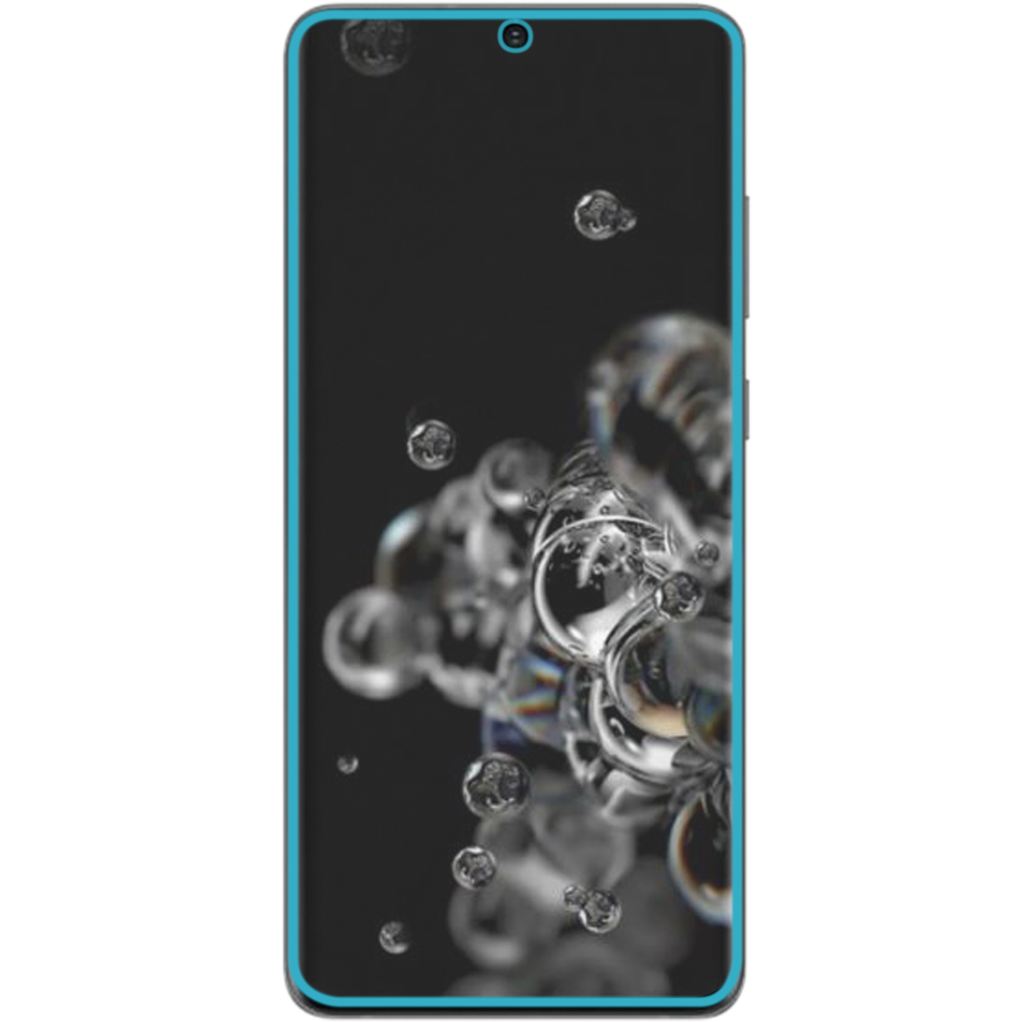 Een smartphone met een blauwe rand en een bubbelgrafiek op de voorgrond.