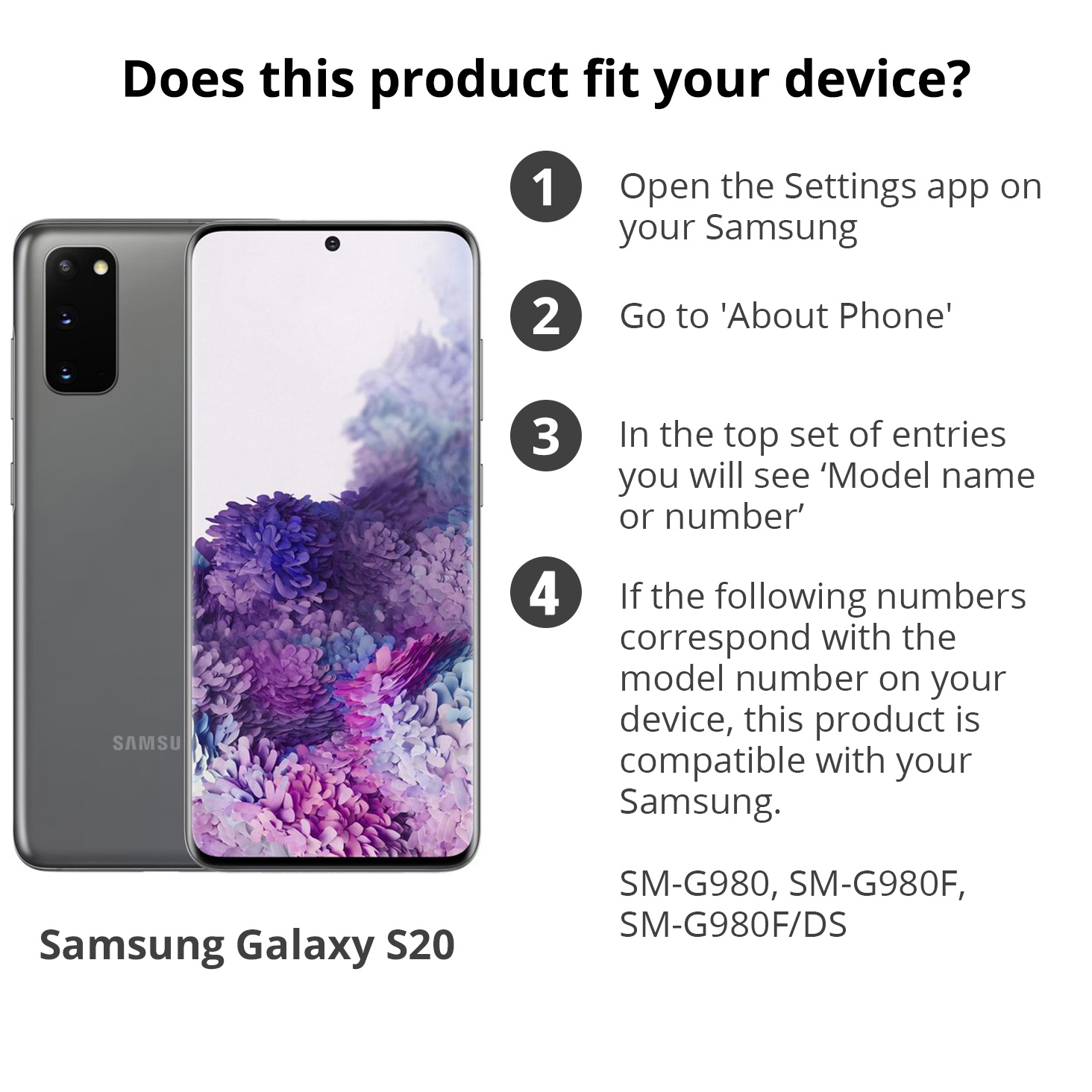 Telefoon op witte achtergrond. Genummerde instructies voor compatibiliteit met Samsung Galaxy S20.