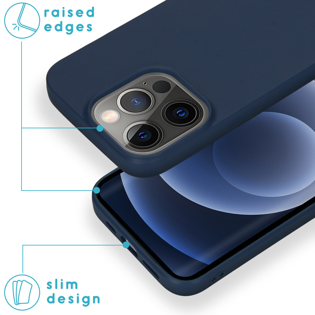 Donkerblauwe telefoonhoes met verhoogde randen en slank design.