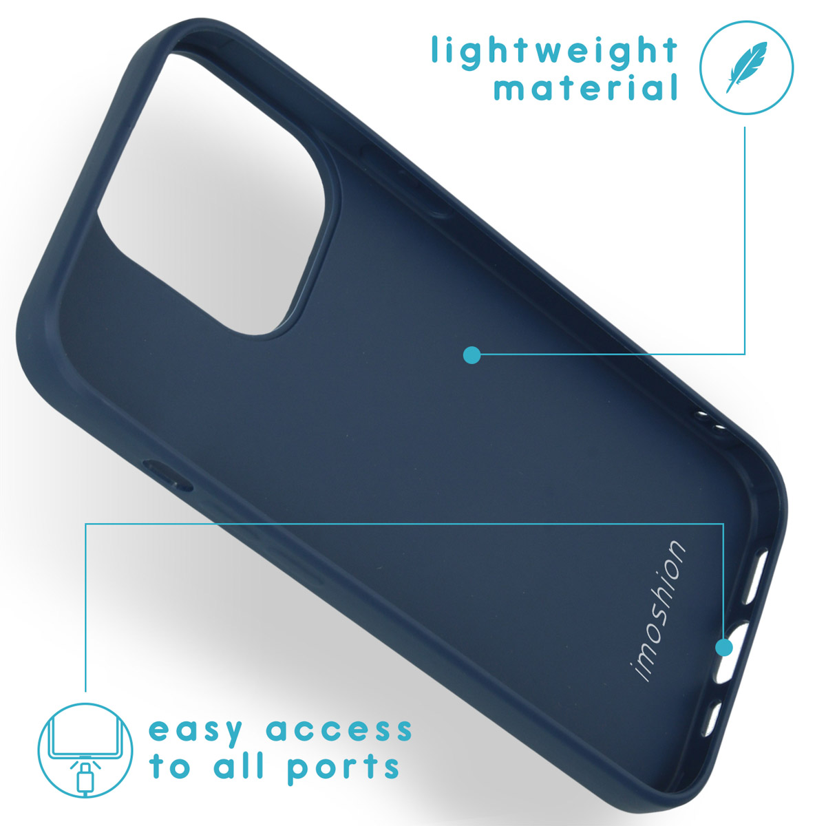 Donkerblauwe telefoonhoes met tekst: lichtgewicht materiaal en gemakkelijke toegang tot alle poorten.