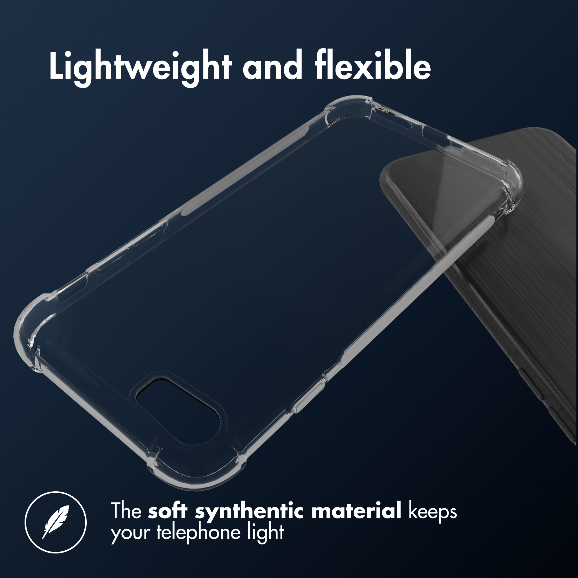 Een doorzichtig telefoonhoesje met de tekst 'Lichtgewicht en flexibel' en een veerpictogram.