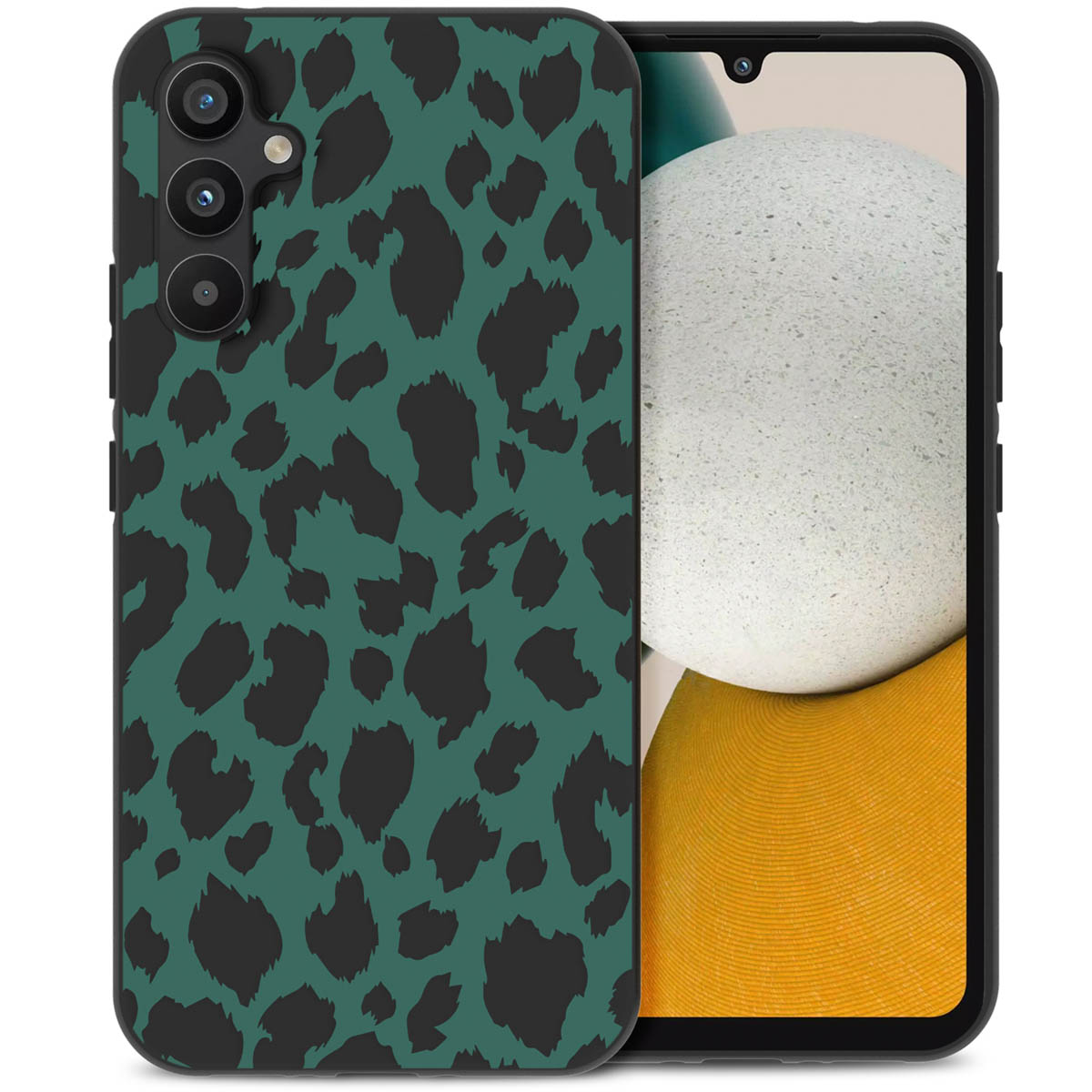 Telefoonhoesje met groen en zwart luipaardprint op een telefoon.