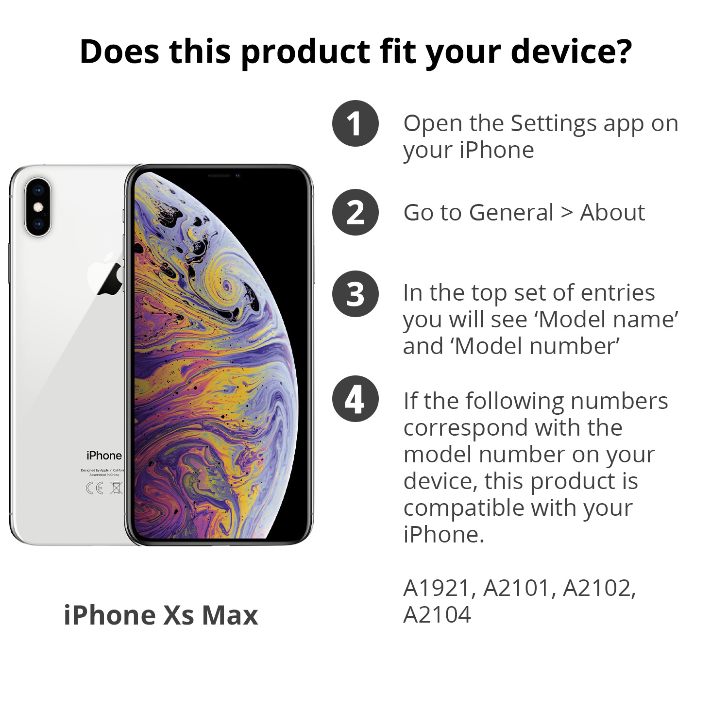 Instructies over hoe te controleren of een telefoonhoesje op een iPhone past: instellingen, algemeen, info.