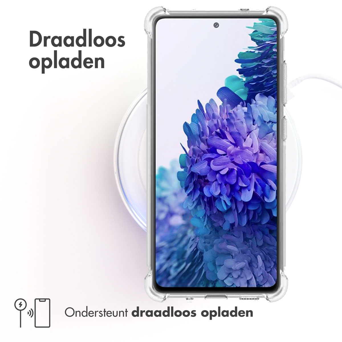 Telefoon op draadloze oplader. Tekst: Draadloos opladen ondersteund.