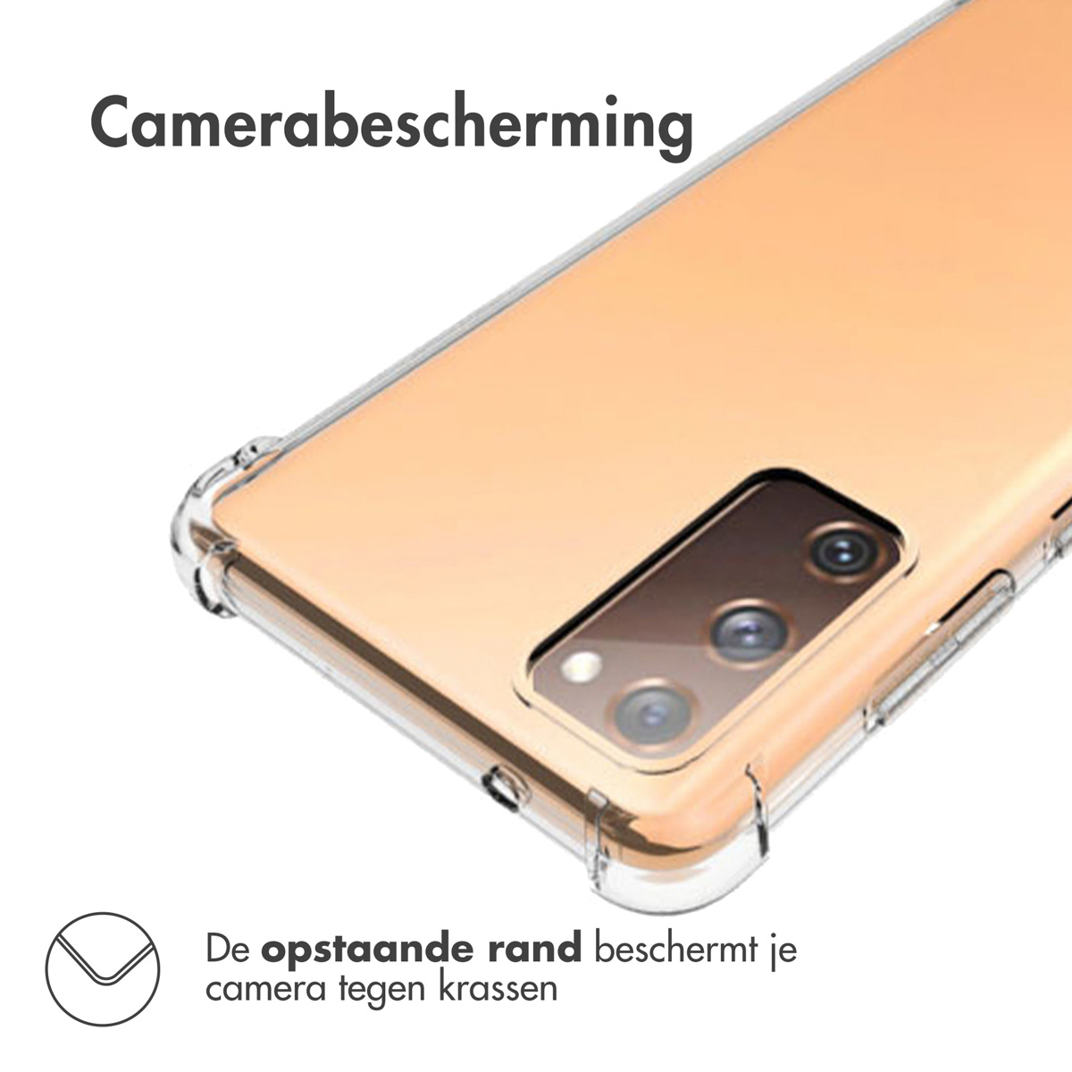 Een doorzichtige telefoonhoes met verstevigde hoeken beschermt de cameralens.