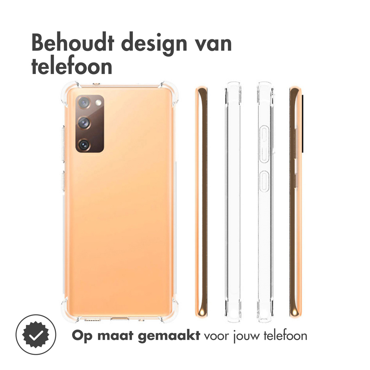 Transparante telefoonhoes met telefoon. Tekst: op maat gemaakt voor je telefoon.
