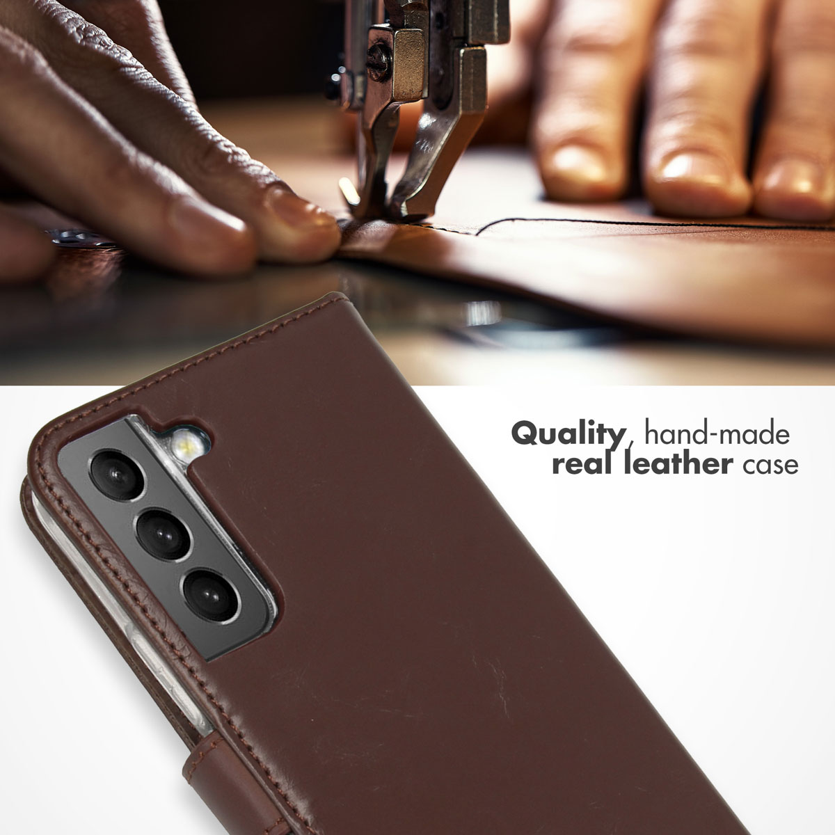 Coque de téléphone en cuir marron faite à la main au premier plan avec une machine à coudre en arrière-plan.