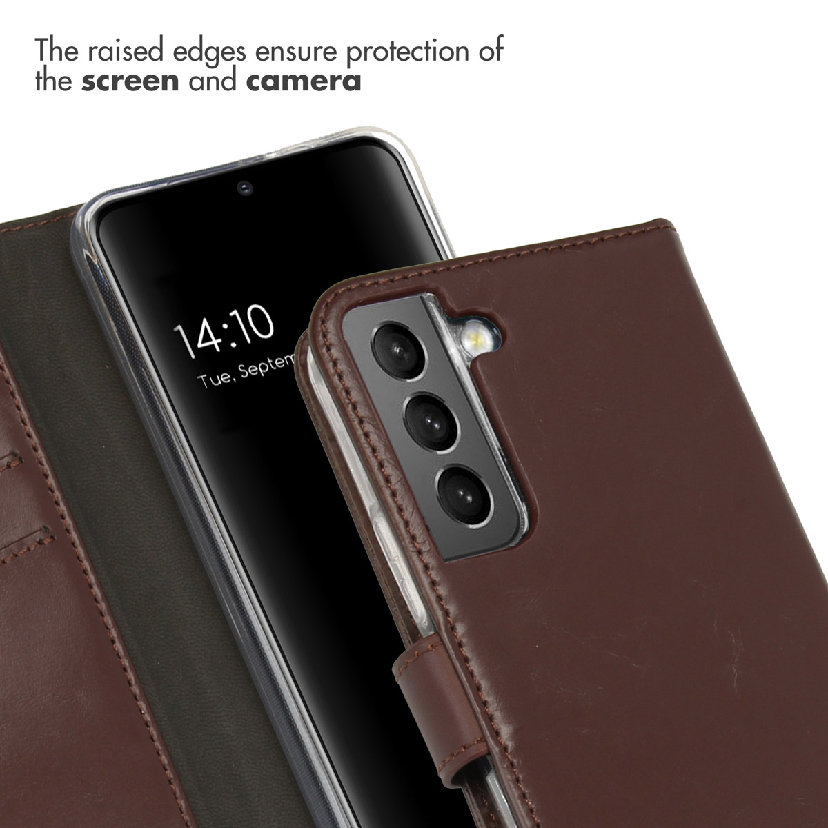 Un smartphone dans un étui portefeuille en cuir marron affiche 14:10.