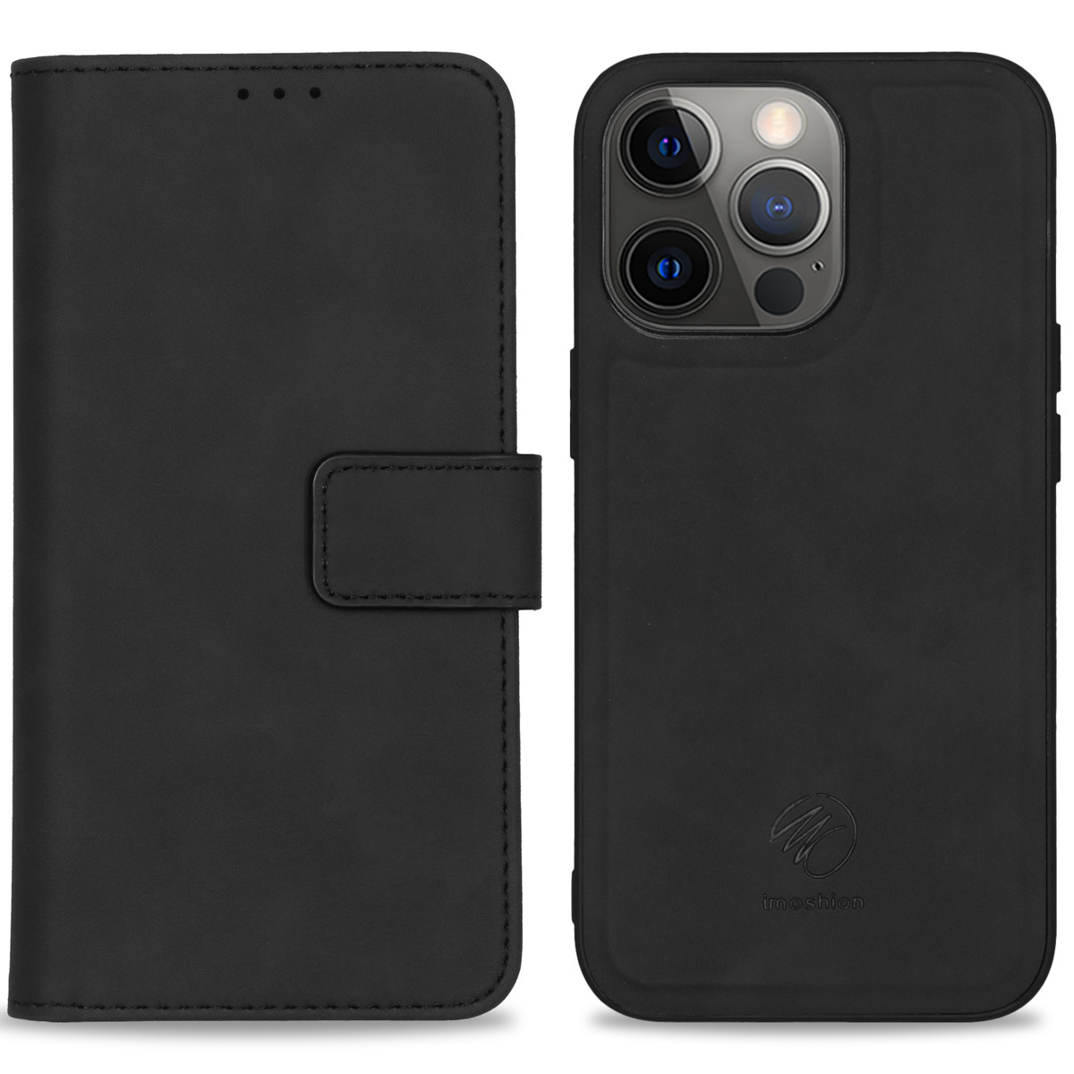 Zwarte lederen flipcase voor iPhone met camera-uitsparing en logo.