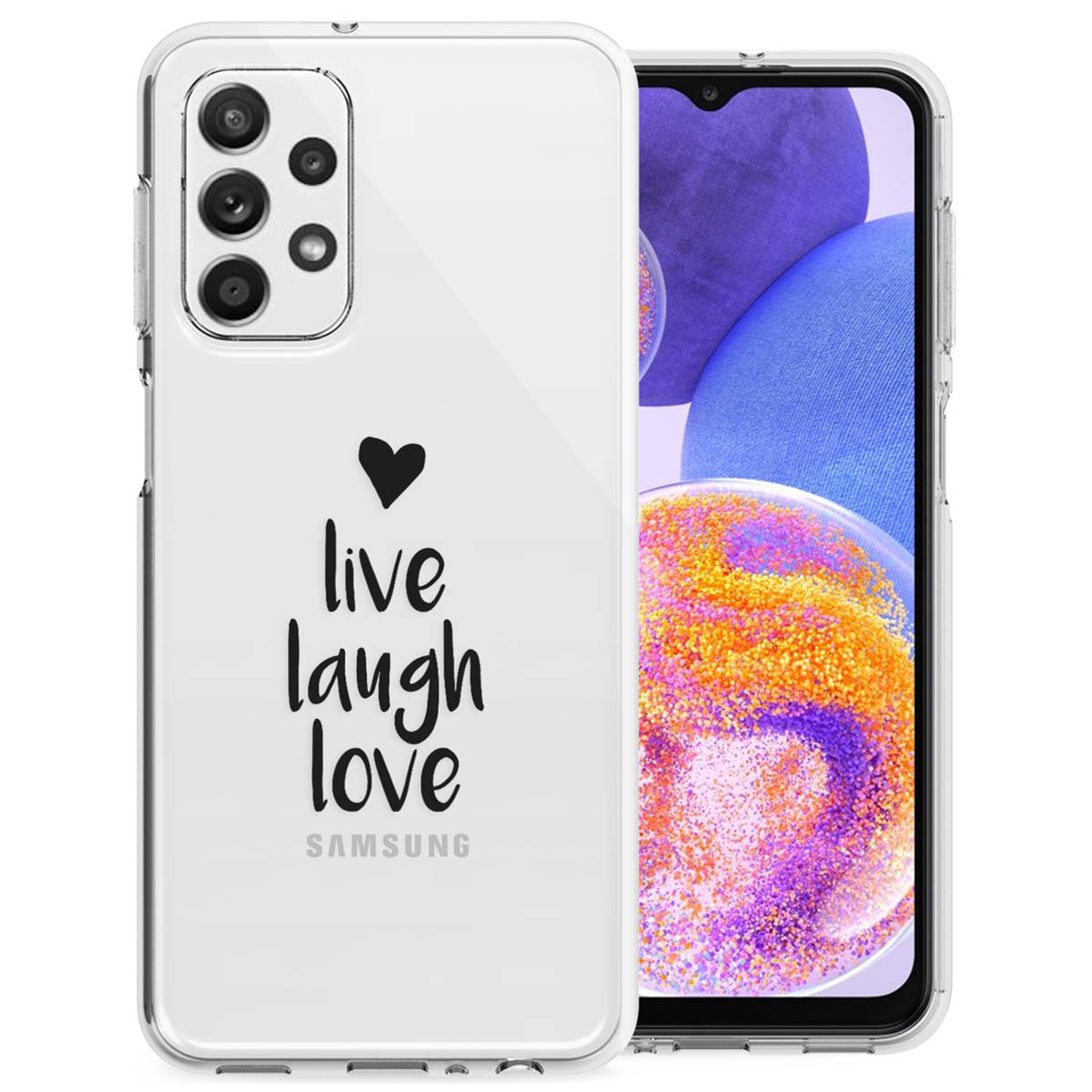 Coque avec texte "live laugh love" et un cœur. L'écran du téléphone est visible.