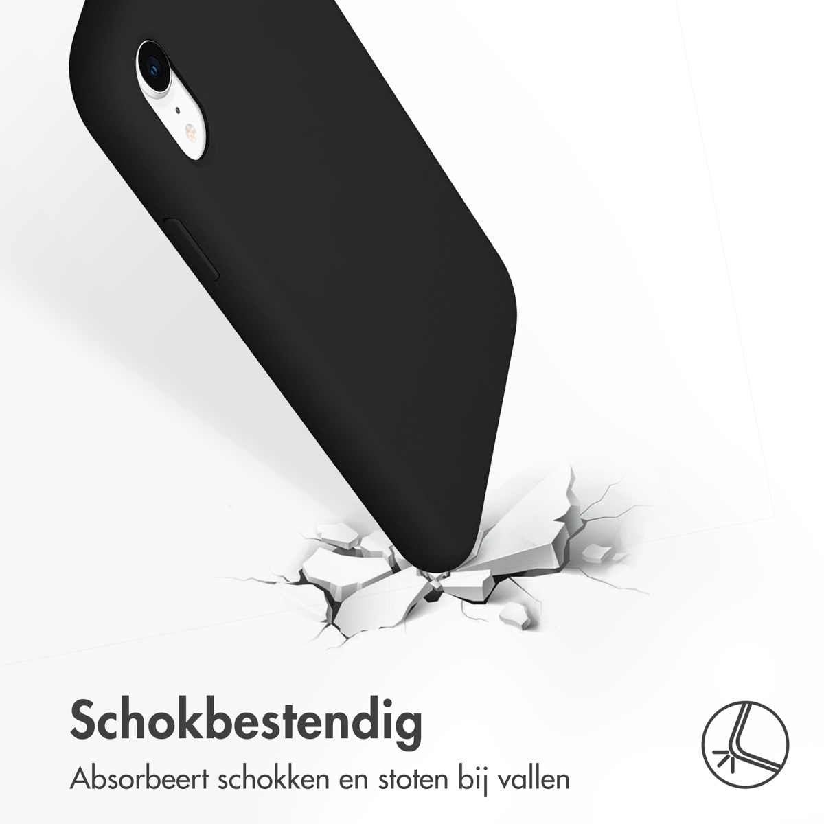 Coque de téléphone noire. Le téléphone tombe au sol, des fissures apparaissent. Texte : Antichoc.
