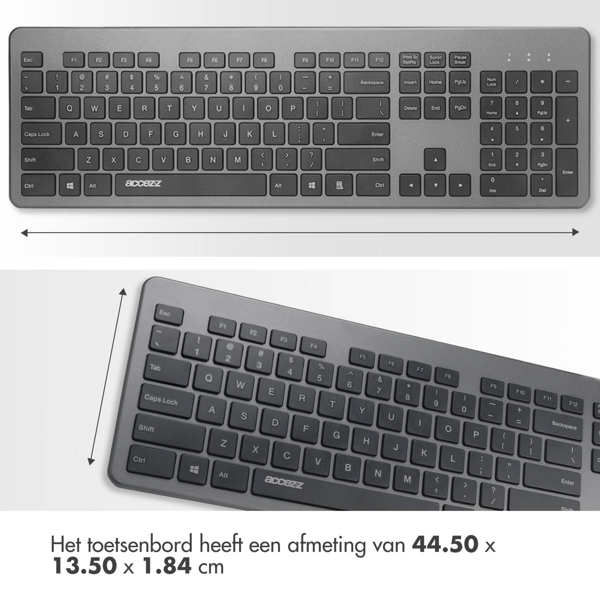 Tastiera grigia con layout QWERTZ e tastierino numerico. Sotto testo 'Het toetsenbord heeft een afmeting van 44.50 x 13.50 x 1.84 cm'.