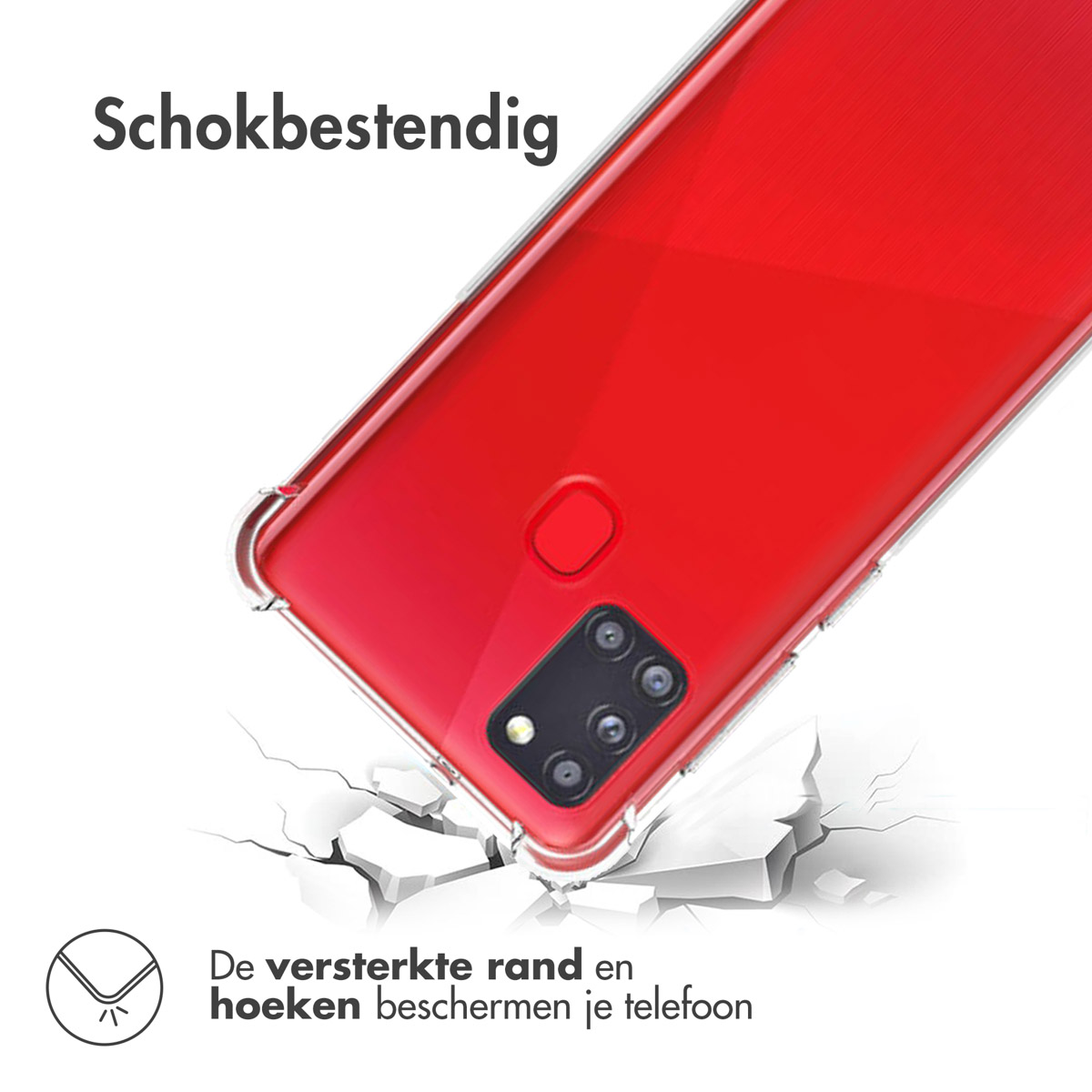 Rode telefoon in doorzichtig hoesje, gebarsten grond. Tekst: Schokbestendig. Versterkte randen beschermen.
