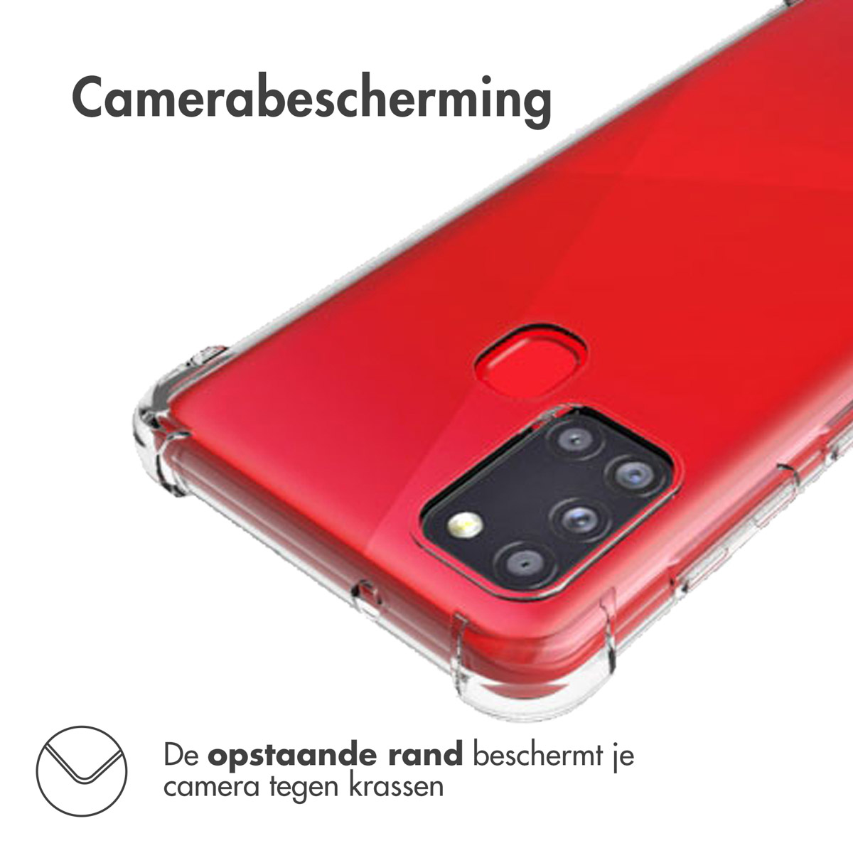 Een doorzichtige telefoonhoes beschermt een rode telefoon. Tekst: De opstaande rand beschermt je camera.