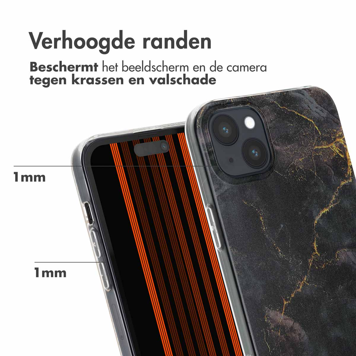 Telefoonhoesje met verhoogde randen op witte ondergrond, beschermt scherm en camera.