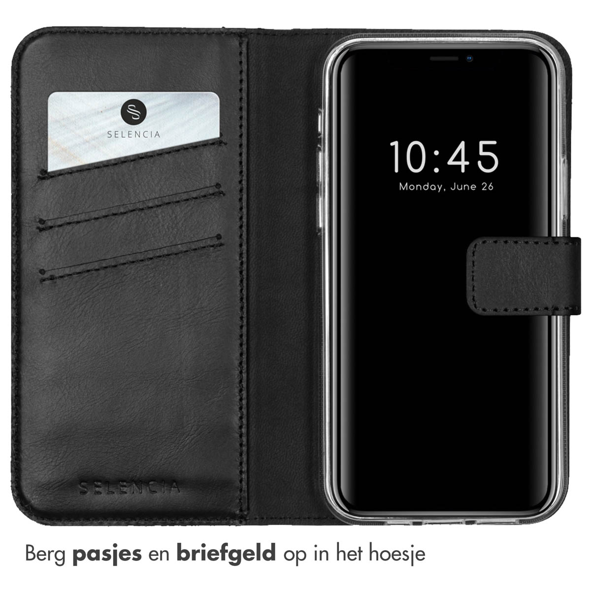 Zwarte lederen telefoonhoes met kaartsleuven en telefoon.