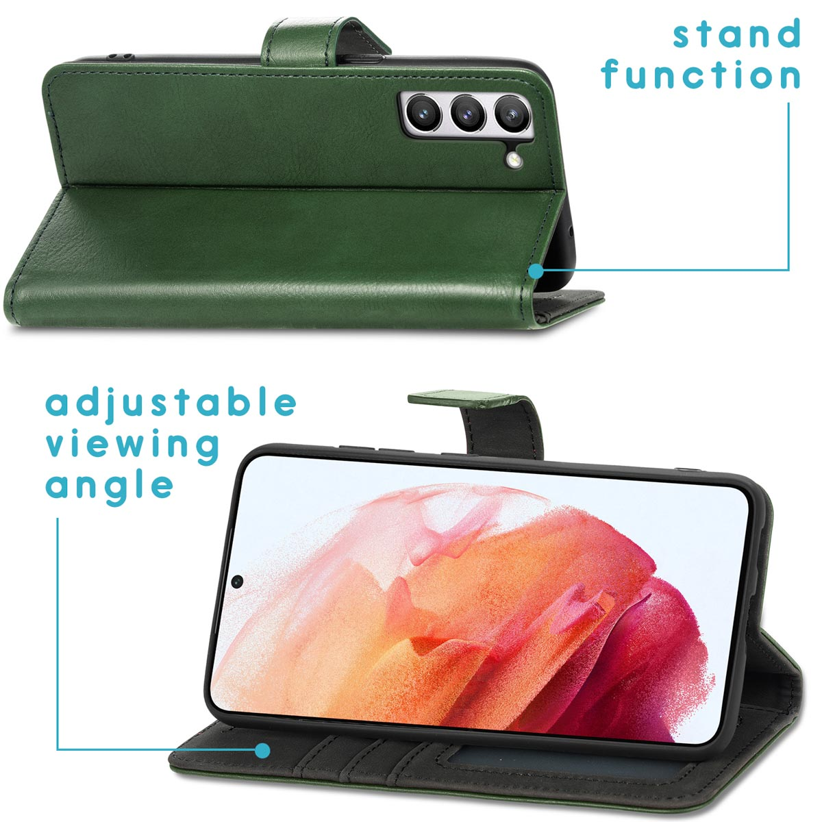 Groene telefoonhoes in staande modus en kijkmodus.