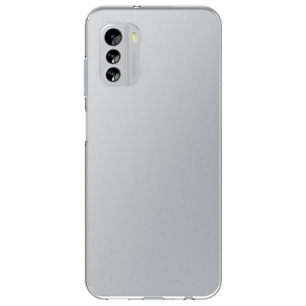 Retro di uno smartphone trasparente con tre fotocamere e flash.