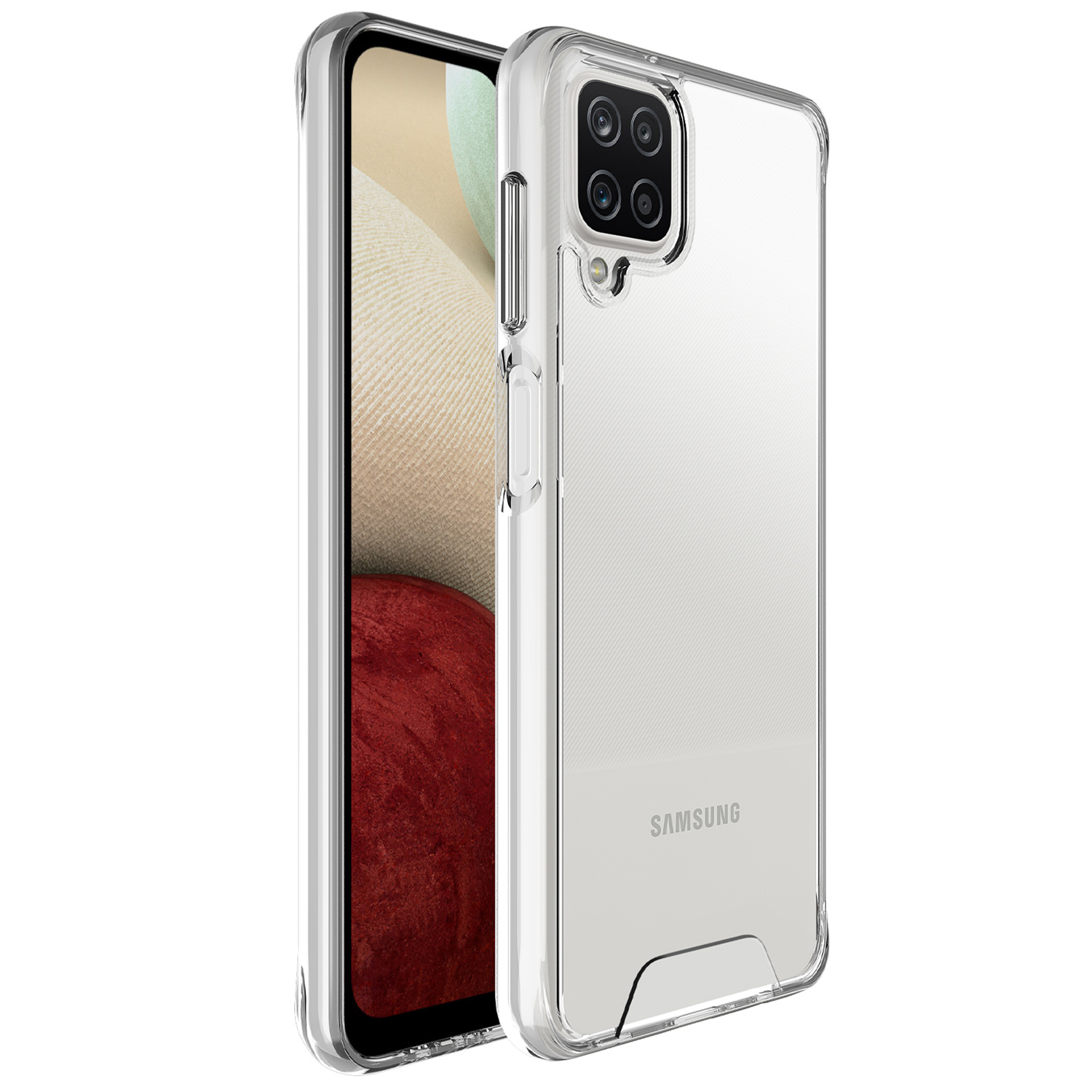 Een doorzichtige Samsung telefoon met vier camera's aan de achterkant.