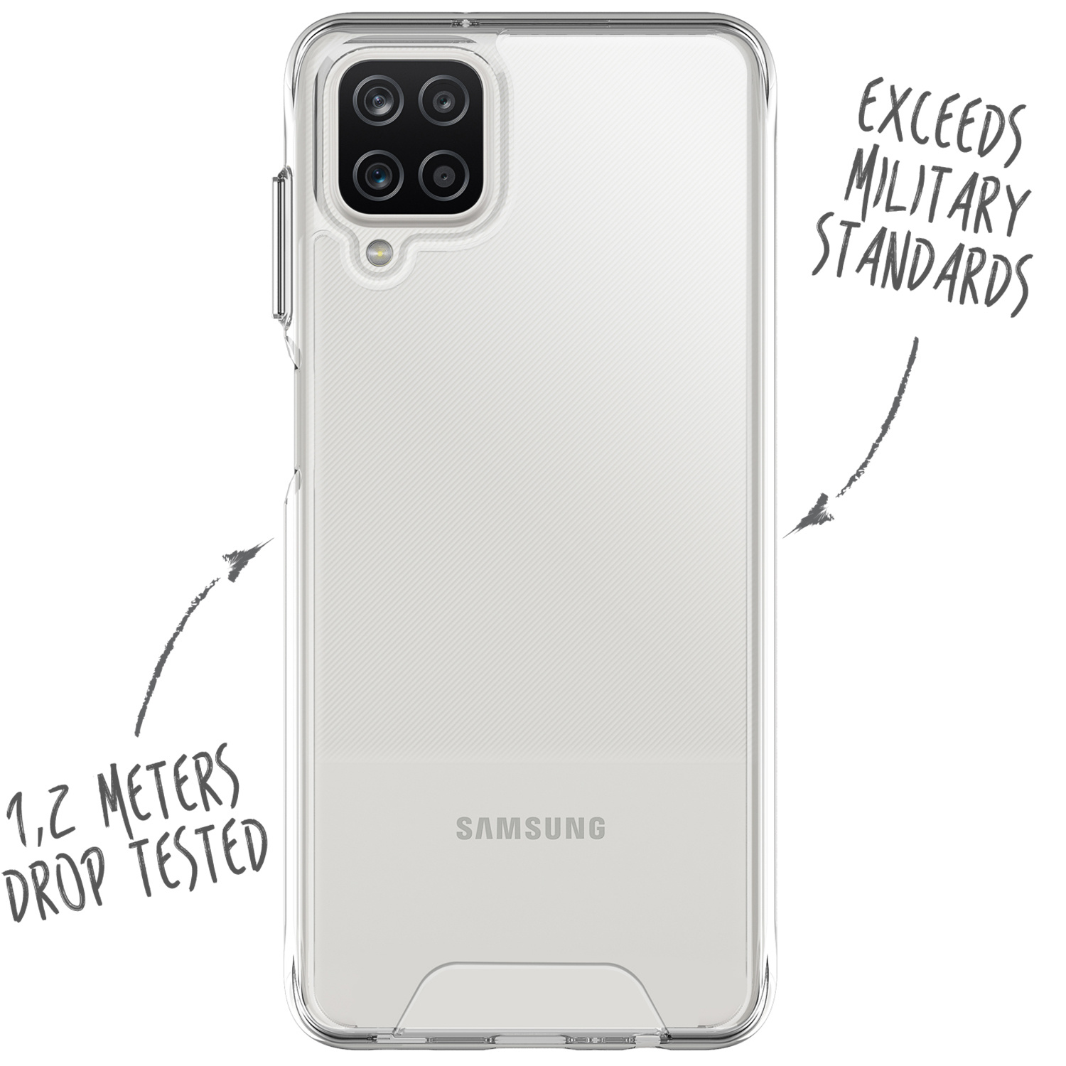 Doorzichtige telefoonhoes met vier camera's, Samsung logo en valtest info.