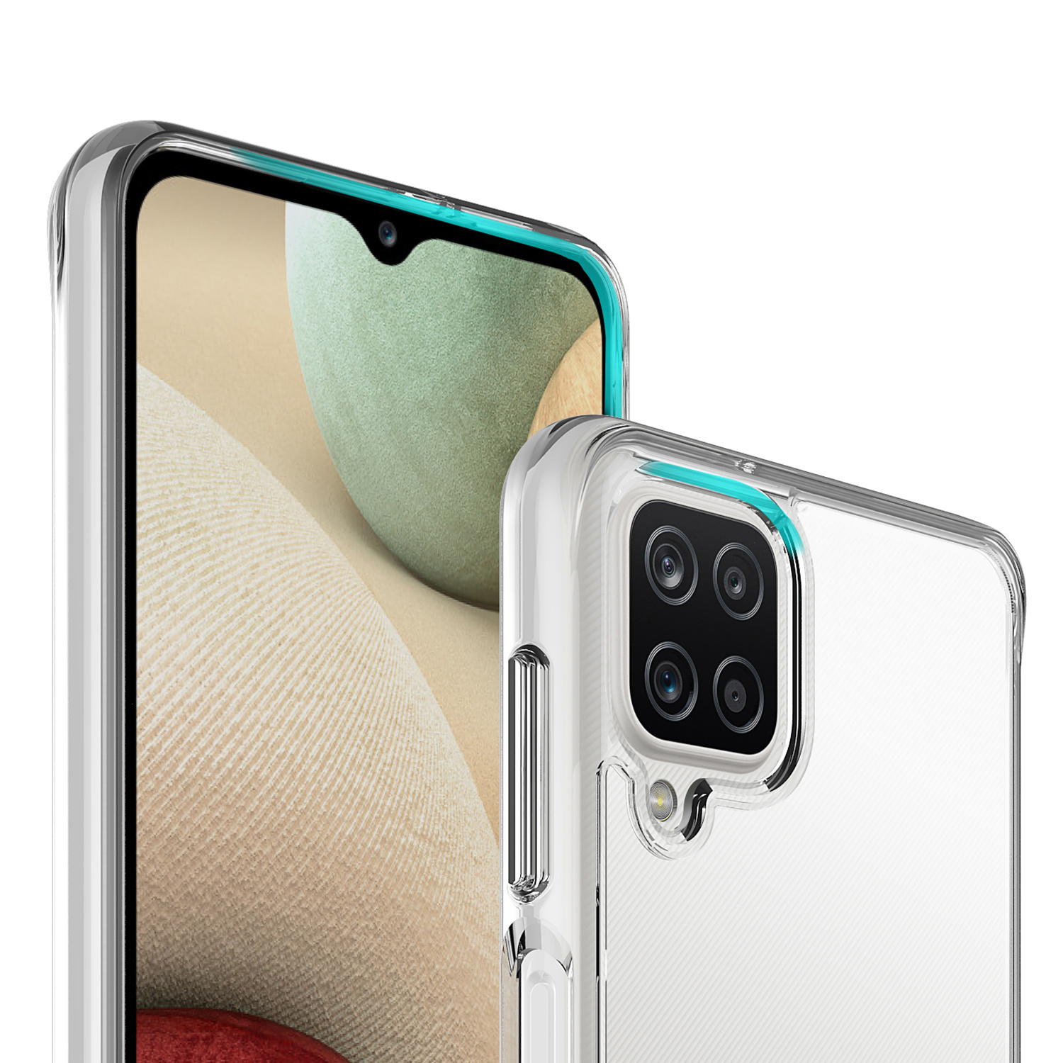 Doorzichtige telefoonhoes toont cameramodule en schermrand met blauwe accenten.