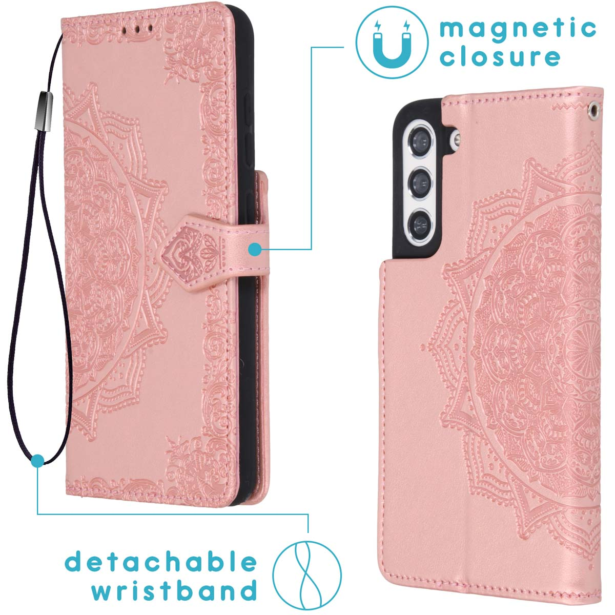 Roze telefoonhoesje met reliëf mandala, afneembaar polsbandje en magnetische sluiting.