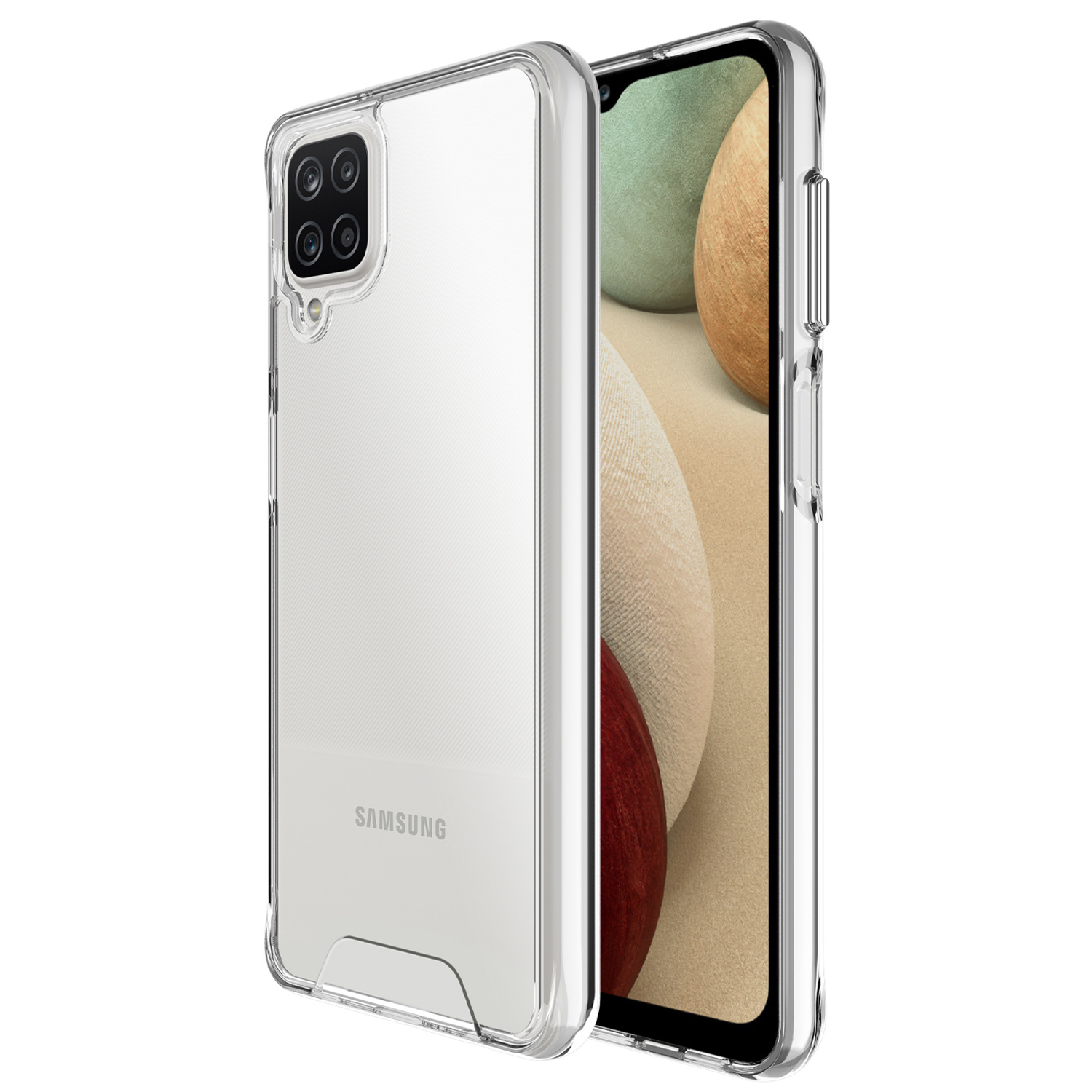 Een transparante telefoonhoes met Samsung-logo en cameramodule.