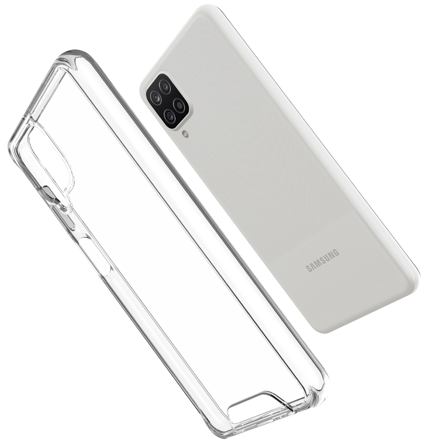 Een doorzichtige telefoonhoes ligt naast een witte Samsung telefoon, beide op witte achtergrond.
