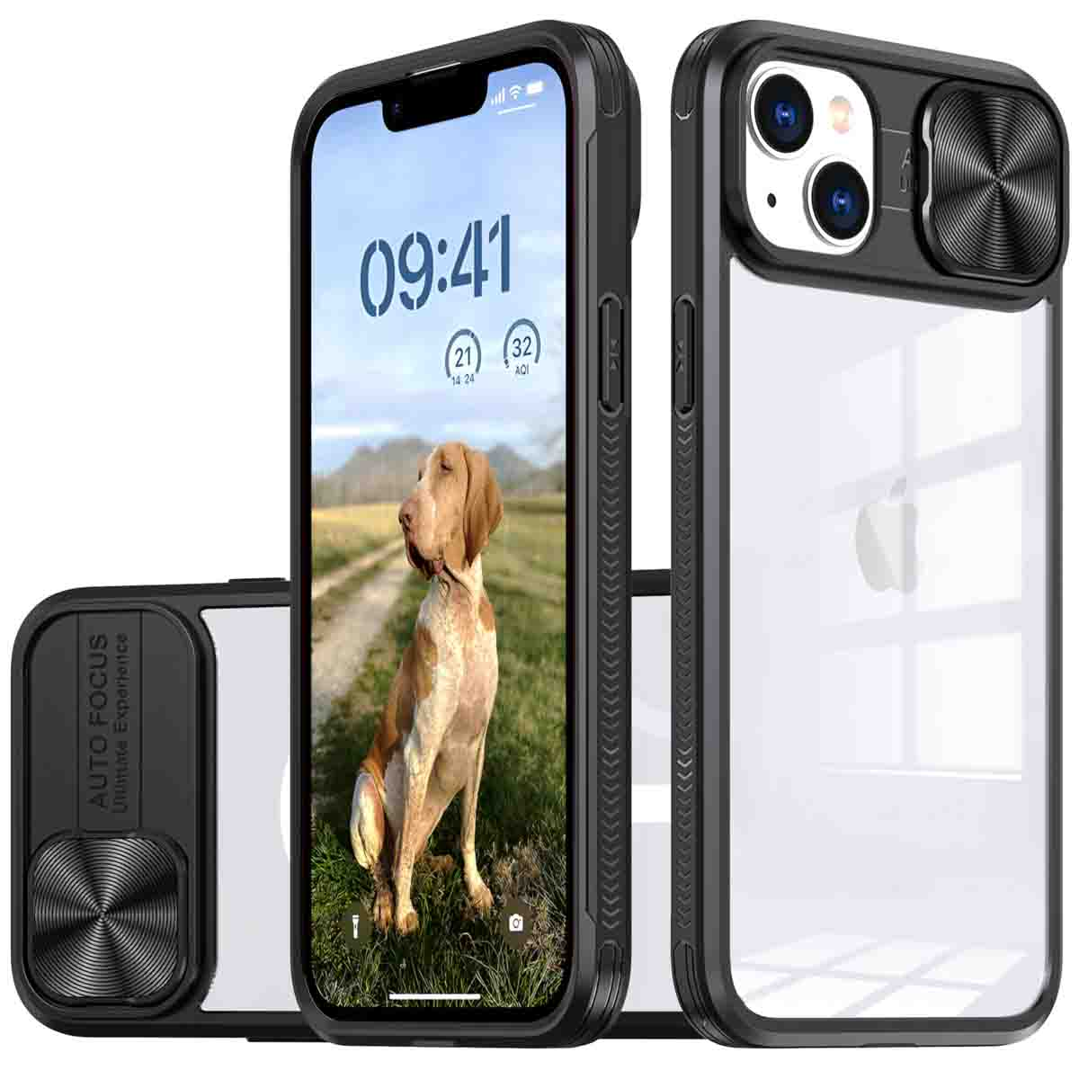 Téléphone avec une coque transparente et un protecteur d'objectif de caméra attaché.