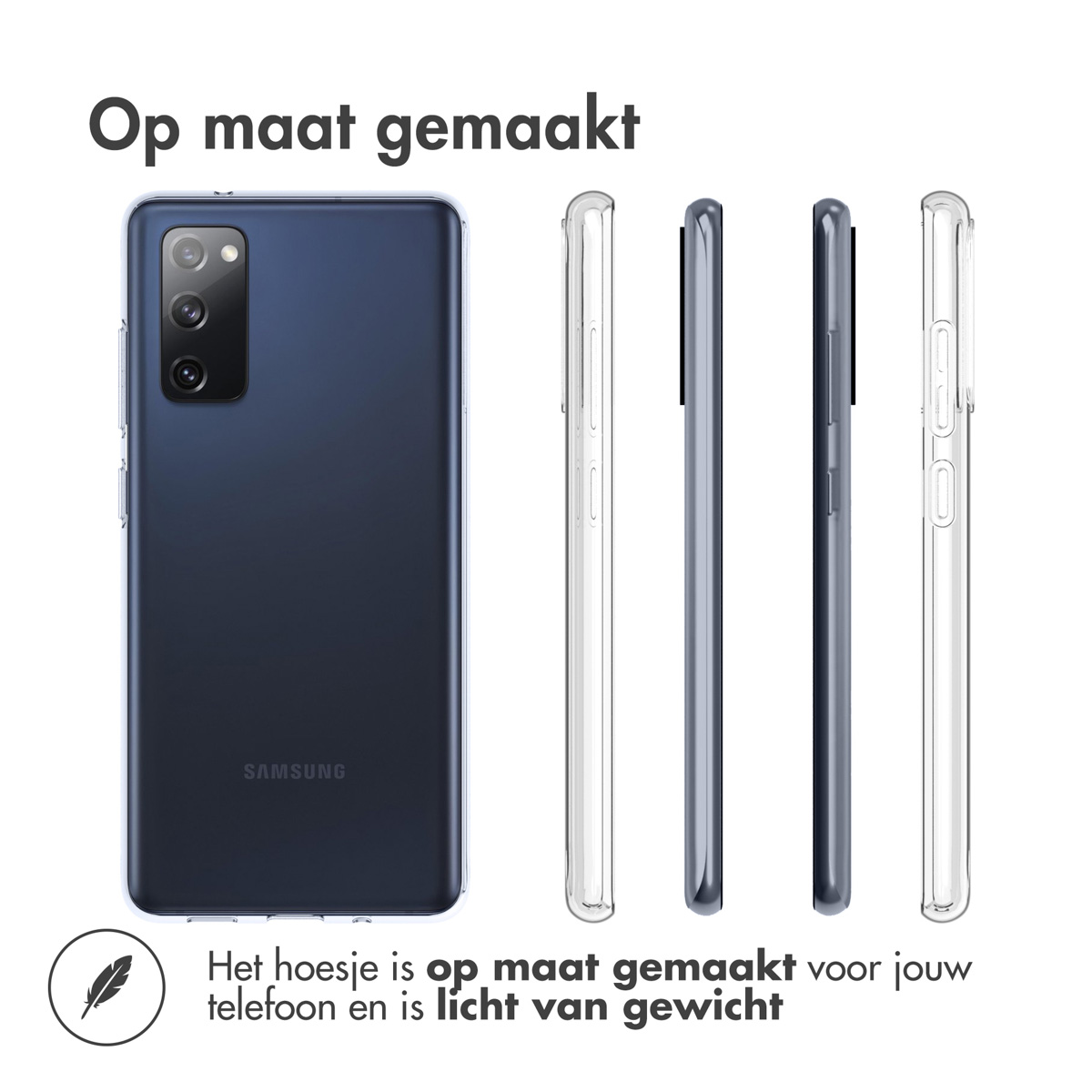 Een marineblauwe telefoon en drie transparante hoesjes. Tekst: Op maat gemaakt voor je telefoon en lichtgewicht.