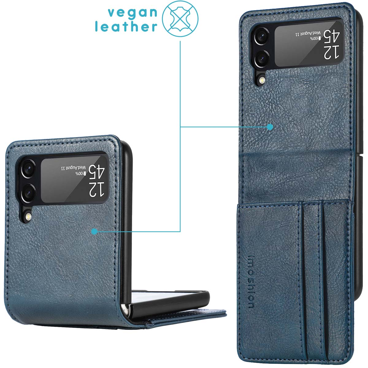 Coque de téléphone en cuir végétalien bleu pour smartphone pliable avec fentes pour cartes.