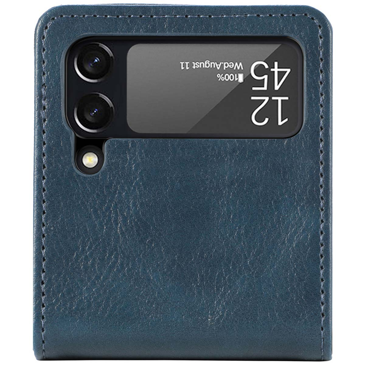 Étui de téléphone à rabat en cuir bleu foncé avec découpe pour appareil photo.