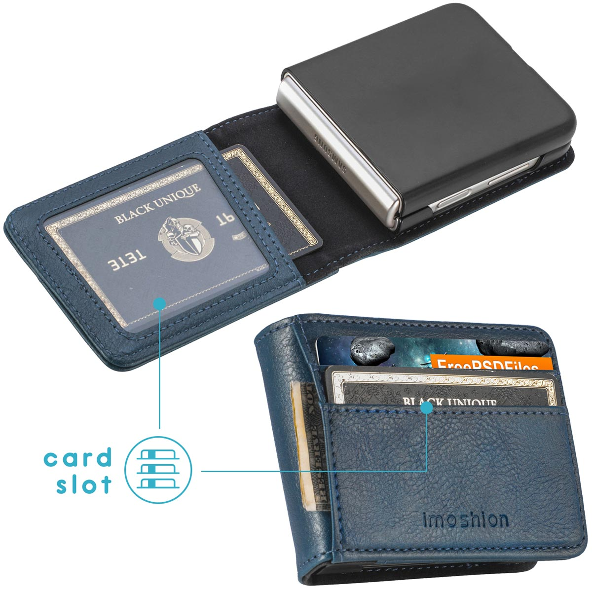 Portefeuille bleu avec fentes pour cartes et étui de téléphone. Logo Samsung visible.
