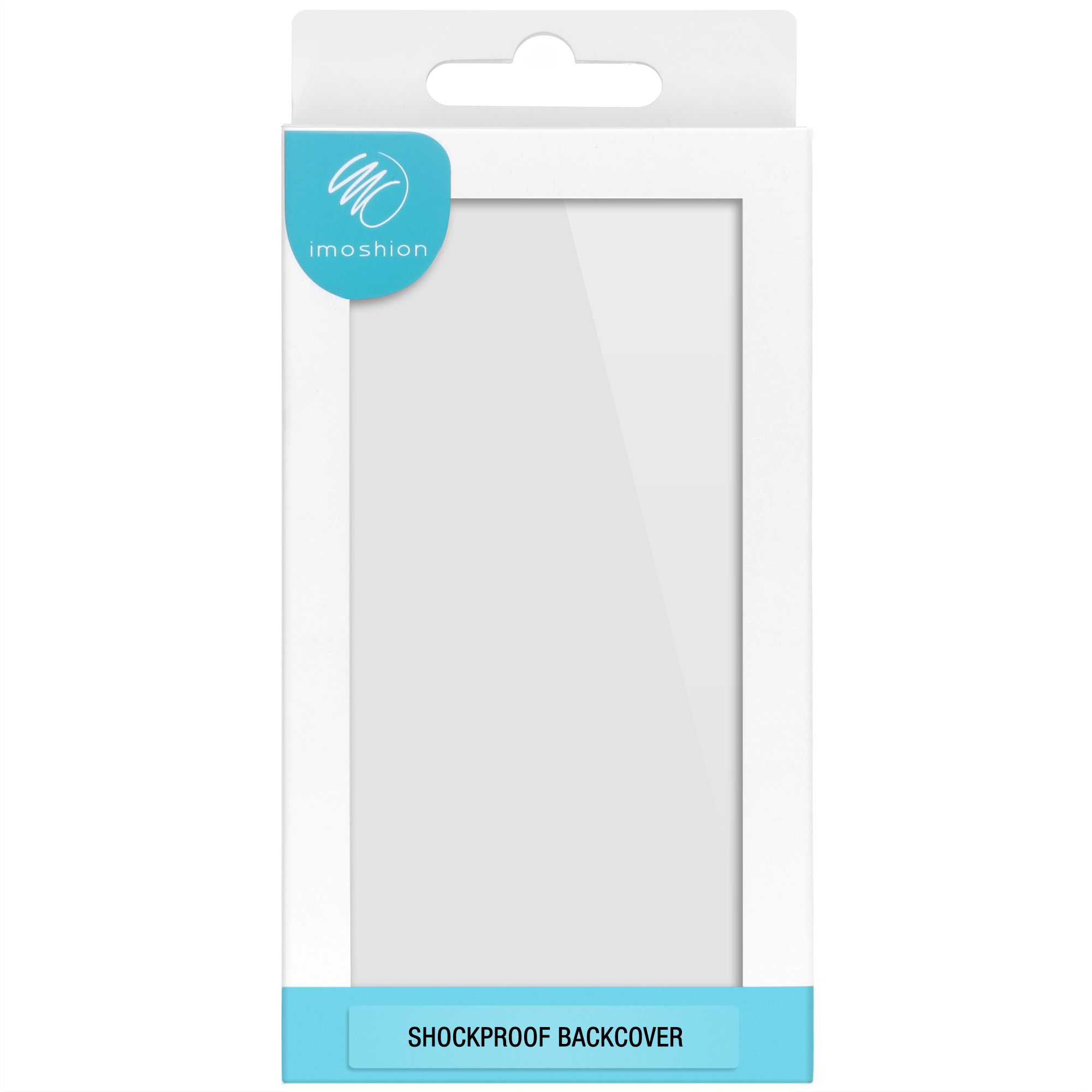 Boîte blanche avec coin bleu et texte SHOCKPROOF BACKCOVER pour une coque de téléphone antichoc.